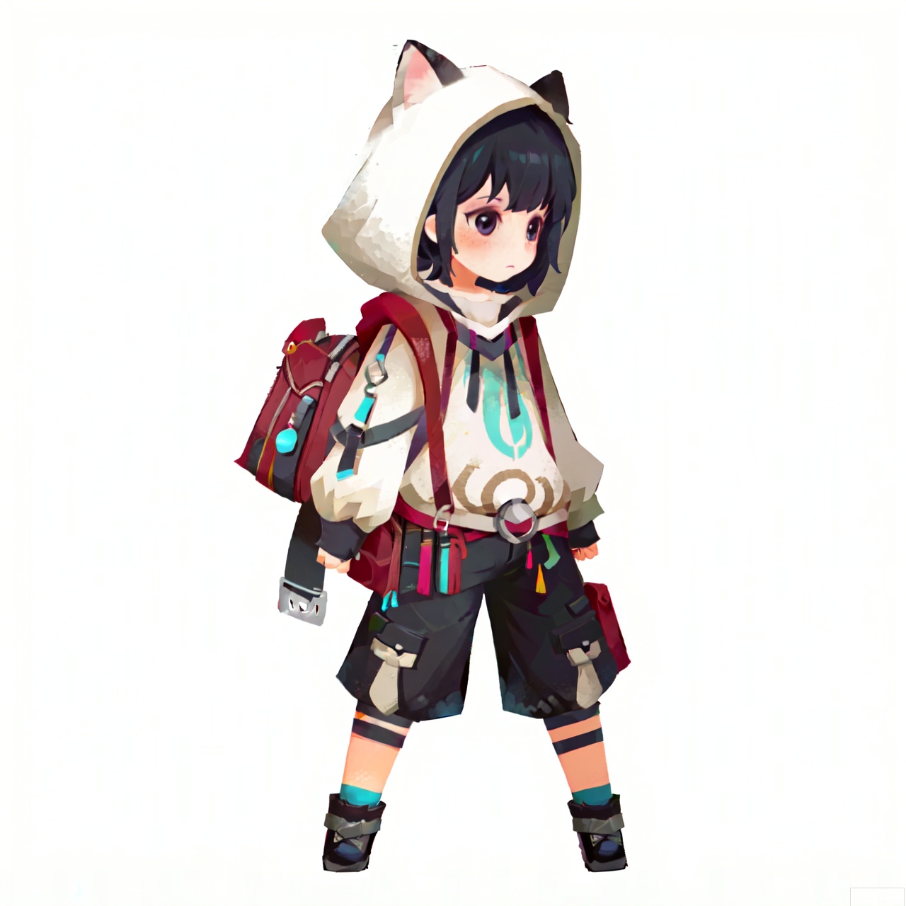 graffiti,solo, blush, short hair, simple background, black hair, long sleeves, 1boy, white background, standing, full body, male focus, shoes, shorts, pants, hood, bag, black eyes, hoodie, animal, watermark, black shorts, black pants, cat, white footwear, backpack, hood down, drawstring, black cat, white hoodie, simple drawing,sdorica,(simple background,white background:1.2)