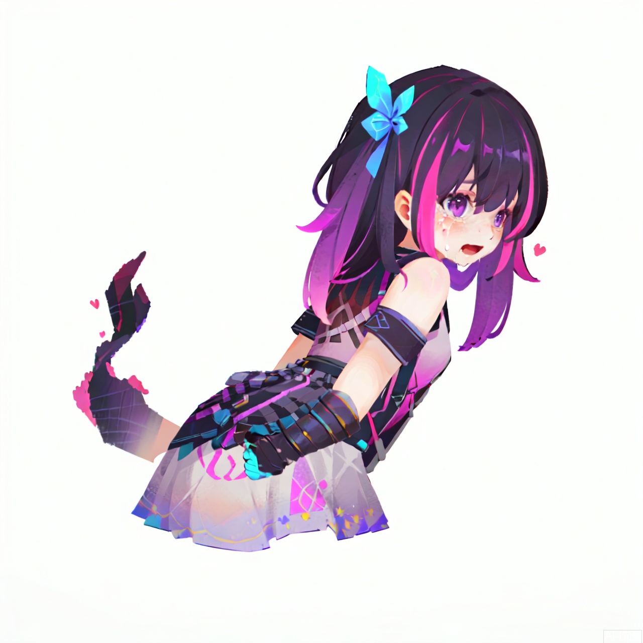  1girl, solo, long hair, looking at viewer, smile, bangs, black hair, dress, bow, very long hair, purple eyes, pink hair, purple hair, short sleeves, heart, multicolored hair, looking back, virtual youtuber, tears, from behind, streaked hair, one side up, suspenders, crying, pink dress, crying with eyes open,moyou,sdorica,(simple background,white background:1.2)