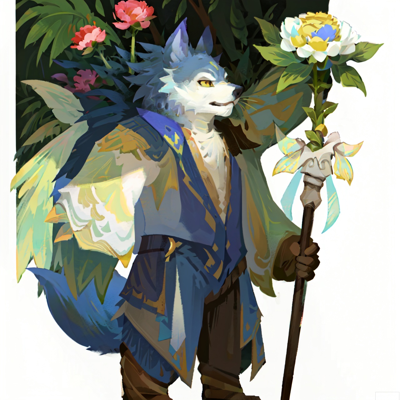The image depicts a wolf dressed in a formal suit, standing amidst a field of blooming peonies under a blue sky with scattered clouds. The wolf is holding a wooden staff in its right hand and is surrounded by white peonies with yellow centers. The scene is vibrant and serene, with a few butterflies flying around the flowers. The wolf's fur is detailed, and the suit is meticulously designed, giving it a sophisticated appearance. The overall atmosphere is peaceful and picturesque.sdorica,(simple background,white background:1.2)