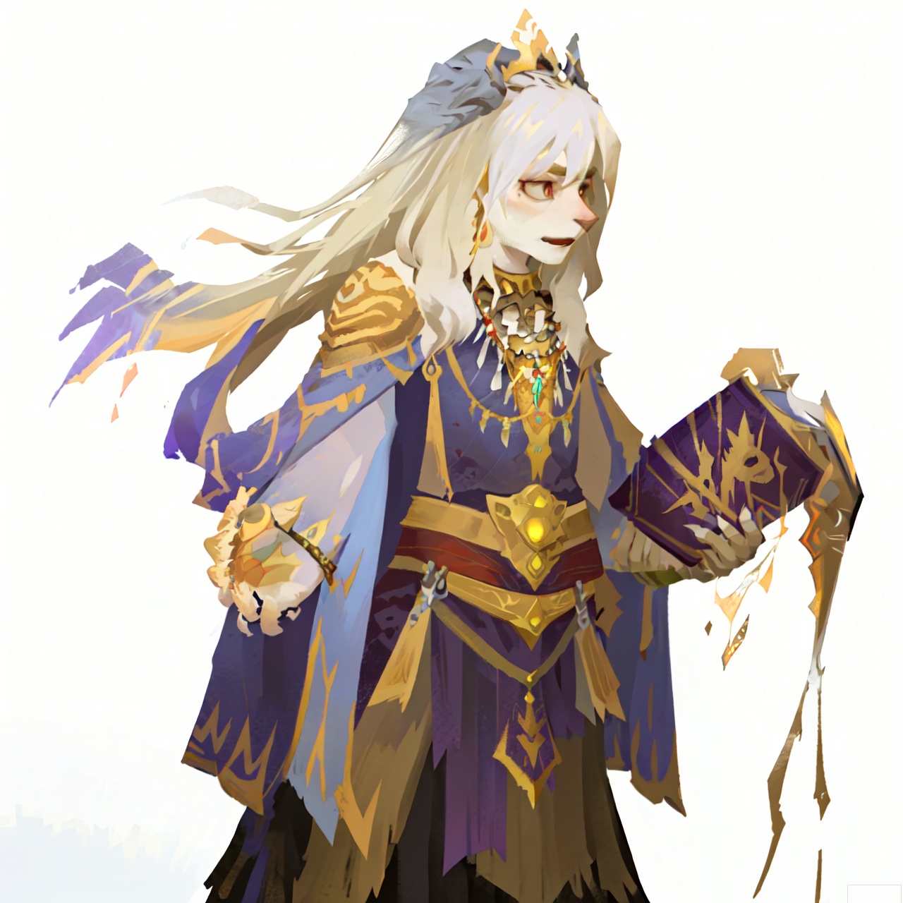The image depicts a fantasy-themed artwork featuring a character with long, flowing white hair and a regal appearance. The character is adorned with intricate jewelry, including a golden crown and a necklace with a large pendant. They are dressed in a flowing white robe with red and gold accents, and they are holding a golden book in one hand while the other hand rests on their hip. The character is surrounded by a dark, mystical atmosphere with glowing orbs and shards of glass in the background, suggesting a magical or enchanted environment. The character's expression appears focused and determined, as if they are about to embark on a significant journey or task.sdorica,(simple background,white background:1.2)