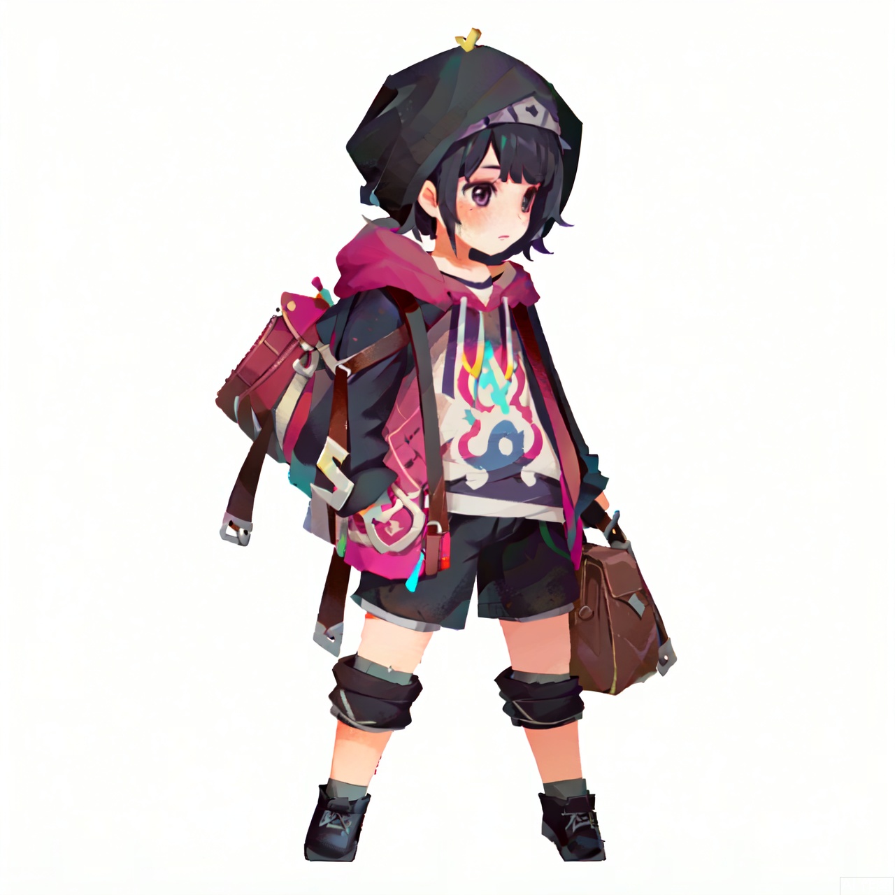 graffiti,solo, blush, short hair, simple background, black hair, long sleeves, 1boy, white background, standing, full body, male focus, shoes, shorts, pants, hood, bag, black eyes, hoodie, animal, watermark, black shorts, black pants, cat, white footwear, backpack, hood down, drawstring, black cat, white hoodie, simple drawing,sdorica,(simple background,white background:1.2)