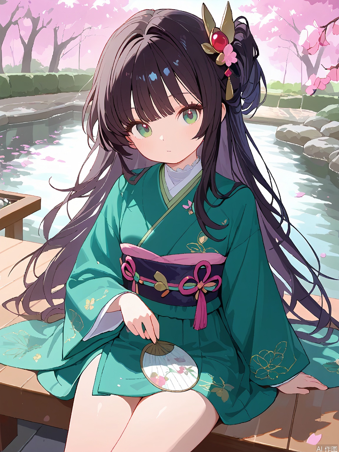 MBFG, a young girl, had long, flowing raven hair embellished with delicate cherry blossoms, emerald green eyes, and a serene gaze. She wore a traditional kimono with intricate patterns and a fan in her hand. The setting was serene, a Japanese garden with a koi pond.
