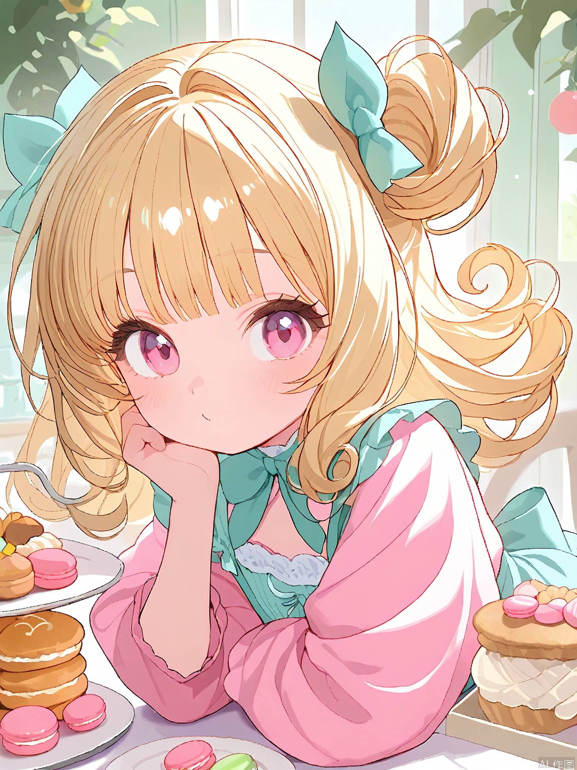 MBFG, a young girl, featured curly, honey-blonde hair decorated with pastel macarons, soft pink eyes, and a sweet demeanor. She wore a delightful pastel-colored dress with a matching bow in her hair. The surroundings were whimsical, a bakery filled with delicious treats and pastries.
