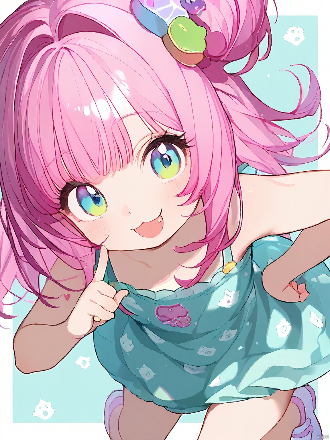 MBFG,  a playful girl with lively teal eyes and bouncy pink hair adorned with small bows. She wore a fun animal print dres...
