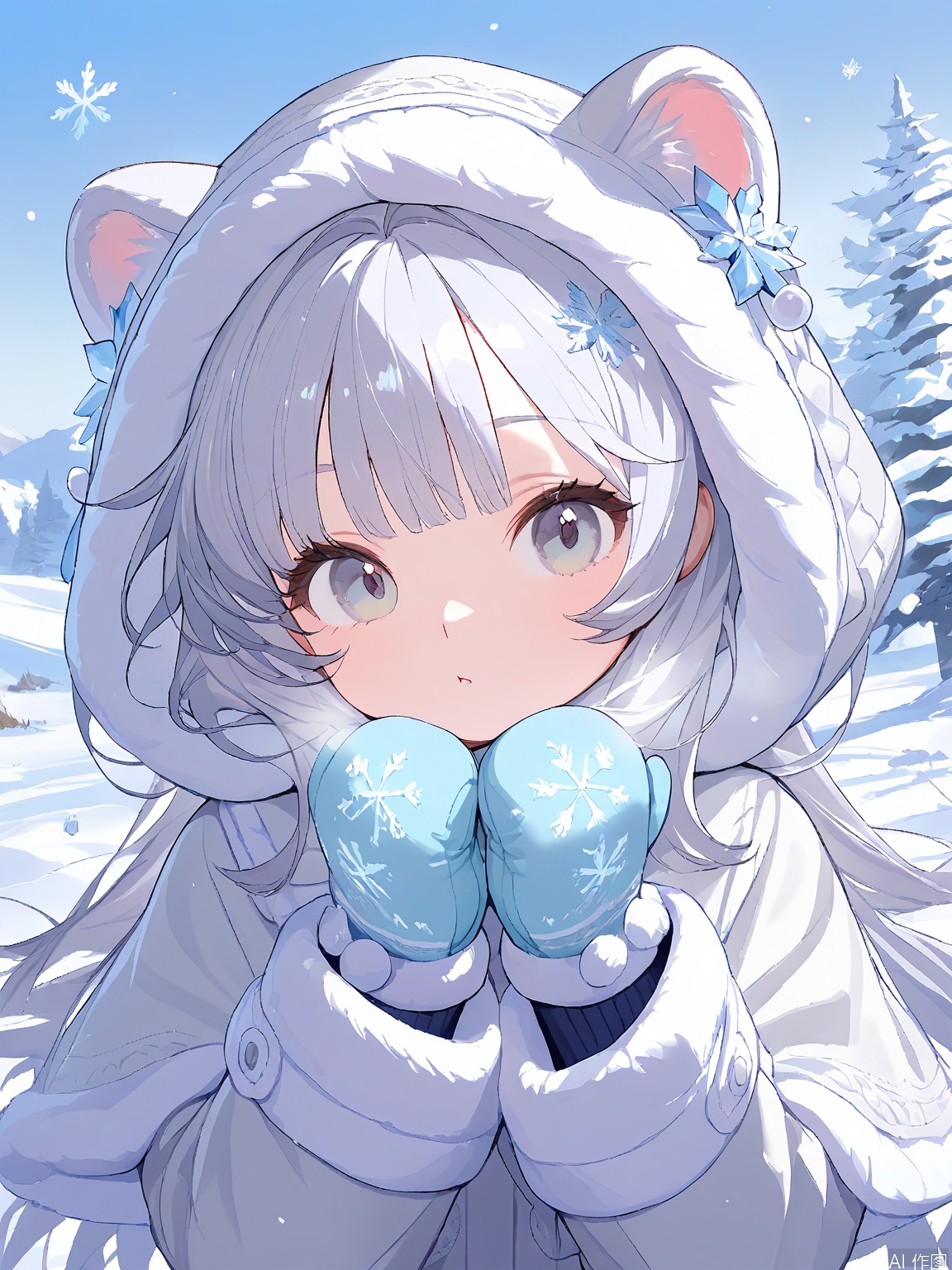 MBFG, a young girl, had sleek, silver hair decorated with tiny blue snowflakes, icy grey eyes, and a gentle laugh. She wore a warm winter coat with a fur-lined hood and mittens. The scene was wintery, a snowy landscape with frosted trees.
