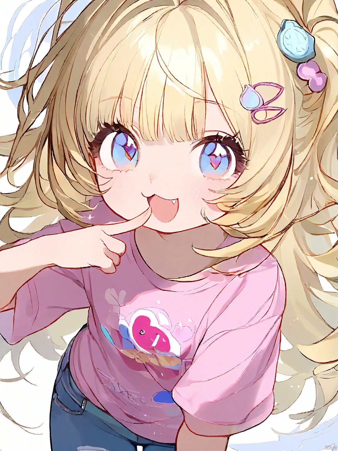 MBFG,  a playful girl with sparkly cyan eyes and messy blonde hair adorned with small bows. She wore a fun cartoon-charact...