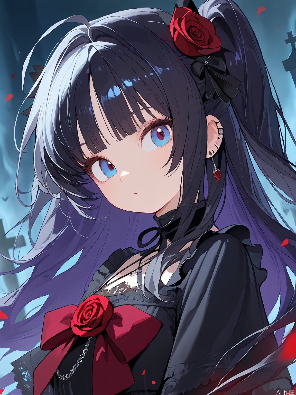 MBFG, a young girl, sported straight, raven-black hair decorated with crimson roses, piercing blue eyes, and a mysterious aura. She wore a gothic-inspired black dress with lace and velvet accents. The setting was eerie, a moonlit graveyard with fog rolling in.
