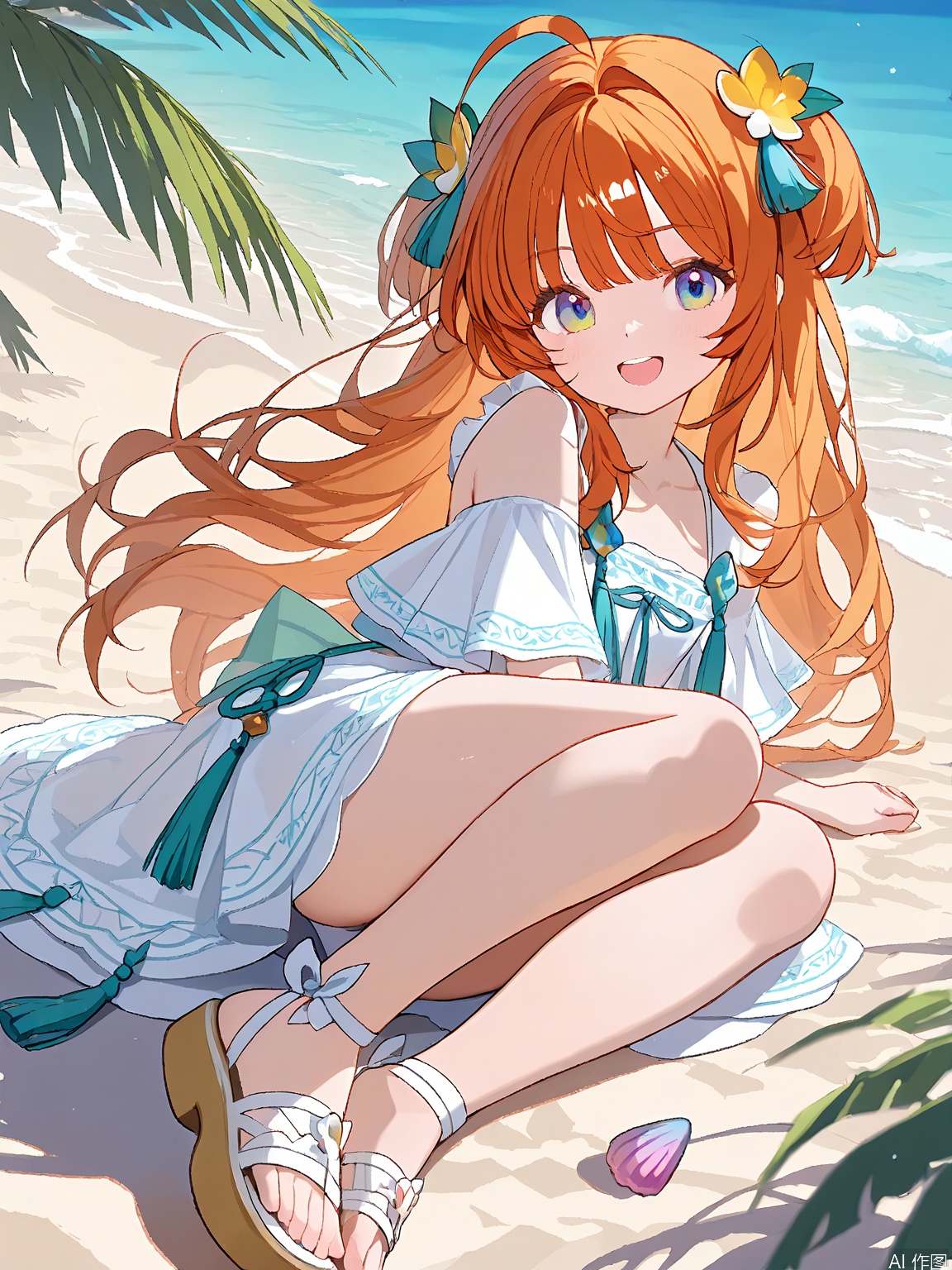 MBFG, a young girl, featured wavy, caramel-colored hair decorated with colorful beach shells, shimmering turquoise eyes, and a carefree laugh. She wore a breezy white kaftan with tassel details and sandals on her feet. The scene was tropical, a sandy beach with palm trees swaying in the breeze.
