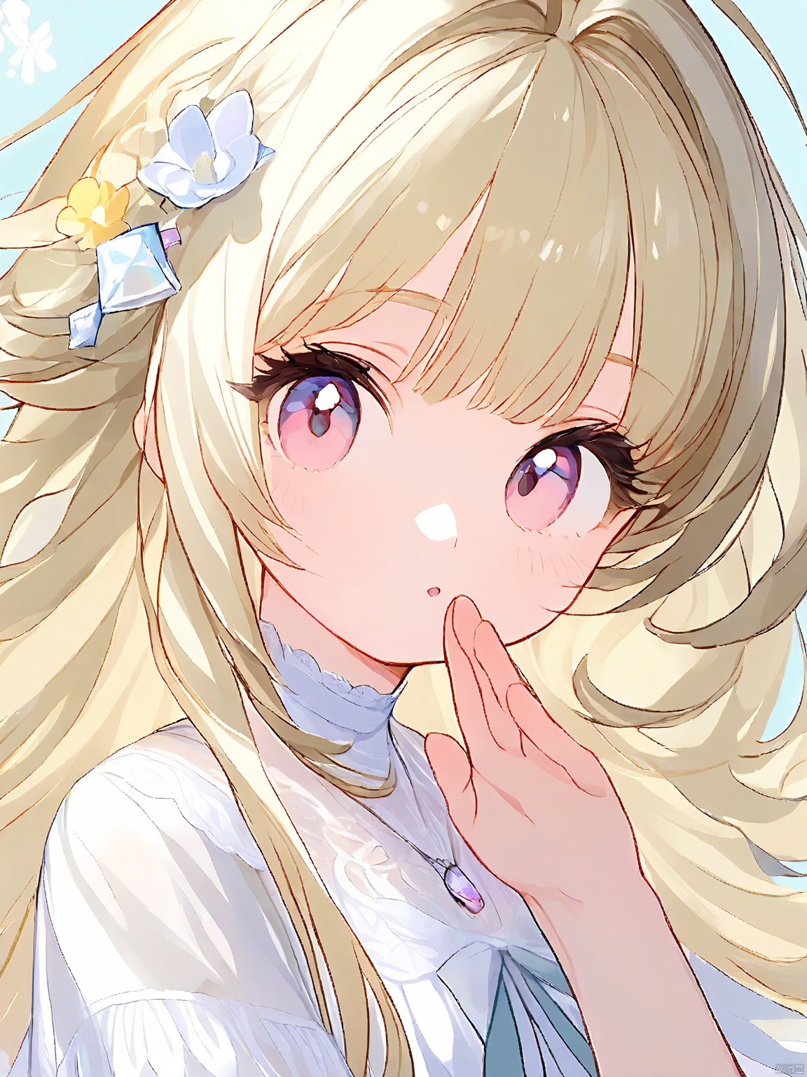 MBFG,  a gentle girl with soft pink eyes and silky blonde hair adorned with a small crystal pendant. She wore a delicate w...