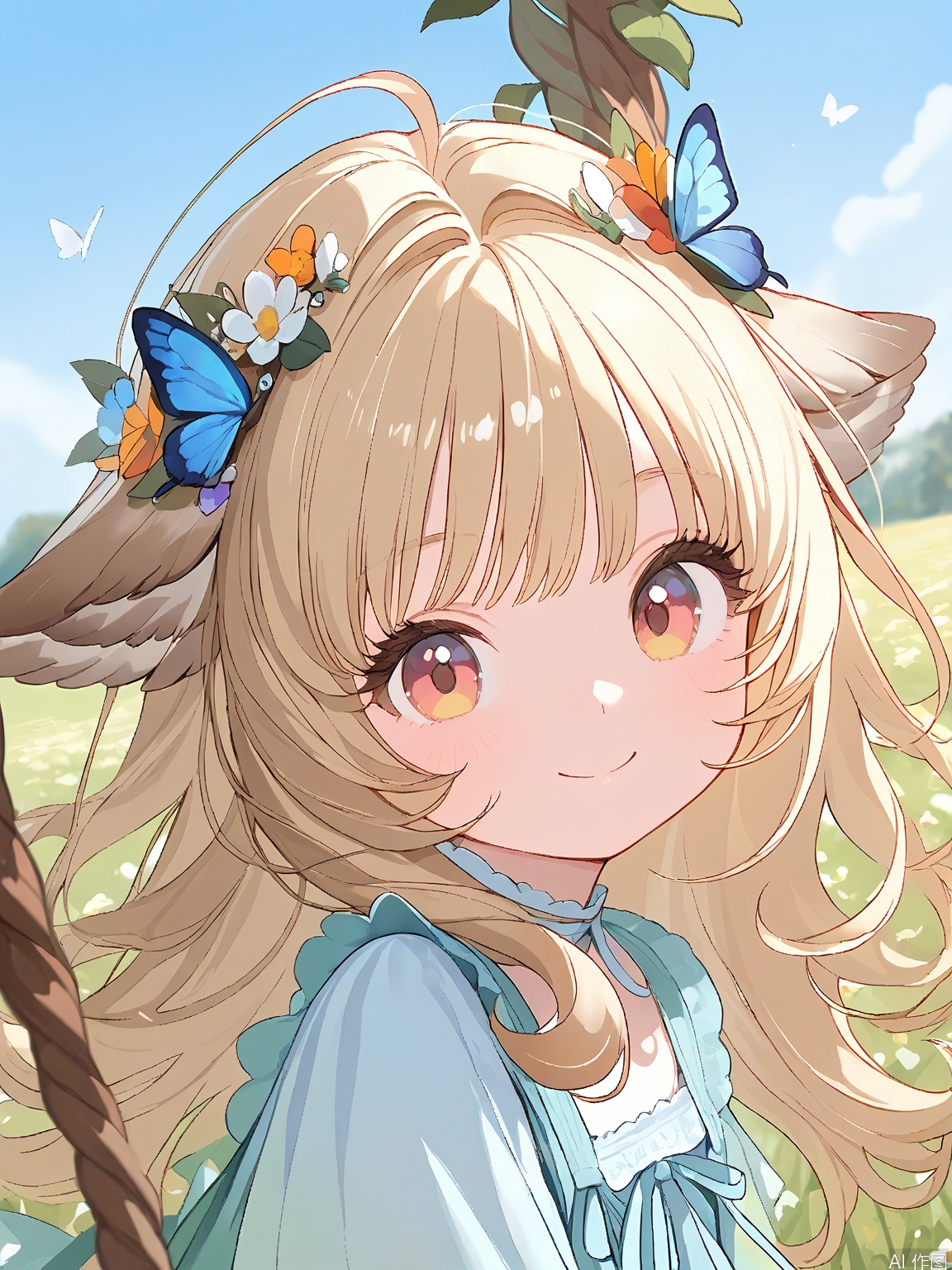 MBFG, a young girl, had curly, chestnut hair adorned with wildflowers and butterflies, warm hazel eyes, and a contagious smile. She wore a boho-chic dress with fringe details and a flower crown. The backdrop was rustic, a meadow with a wooden swing.
