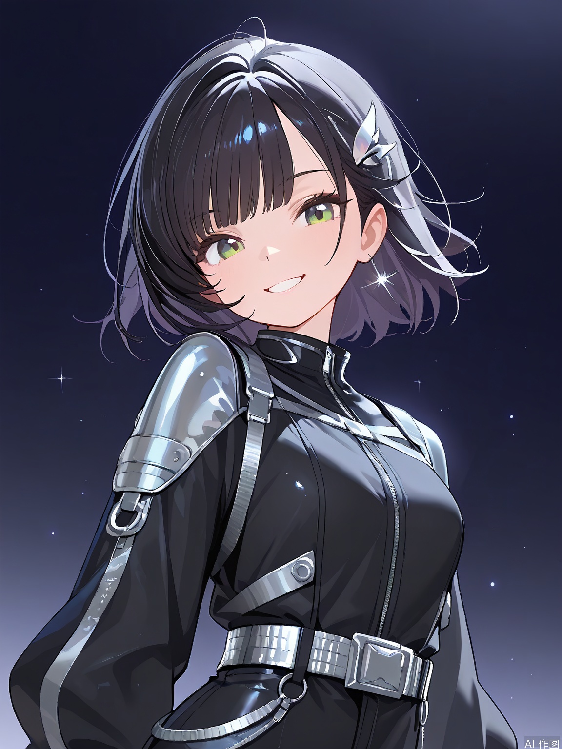 MBFG, a young girl, sported sleek, jet-black hair adorned with silver stars, almond-shaped hazel eyes, and a mischievous grin. She wore a sleek black jumpsuit with silver accents and a belt at the waist. The setting was futuristic, a sleek metallic background with holographic stars twinkling above.
