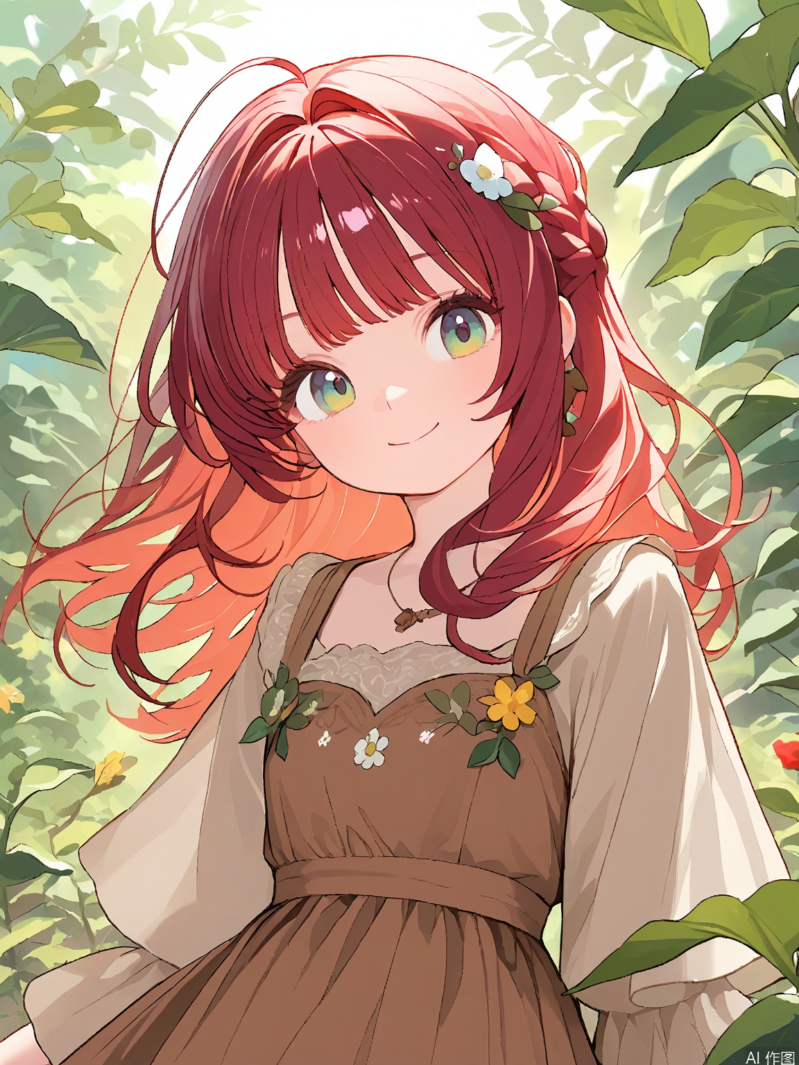 MBFG, a young girl, had long, braided red hair embellished with tiny green leaves, bright hazel eyes, and a warm smile. She wore a rustic brown dress with embroidered flowers and a wooden necklace. The surroundings were earthy, a natural backdrop with lush greenery and wildflowers.
