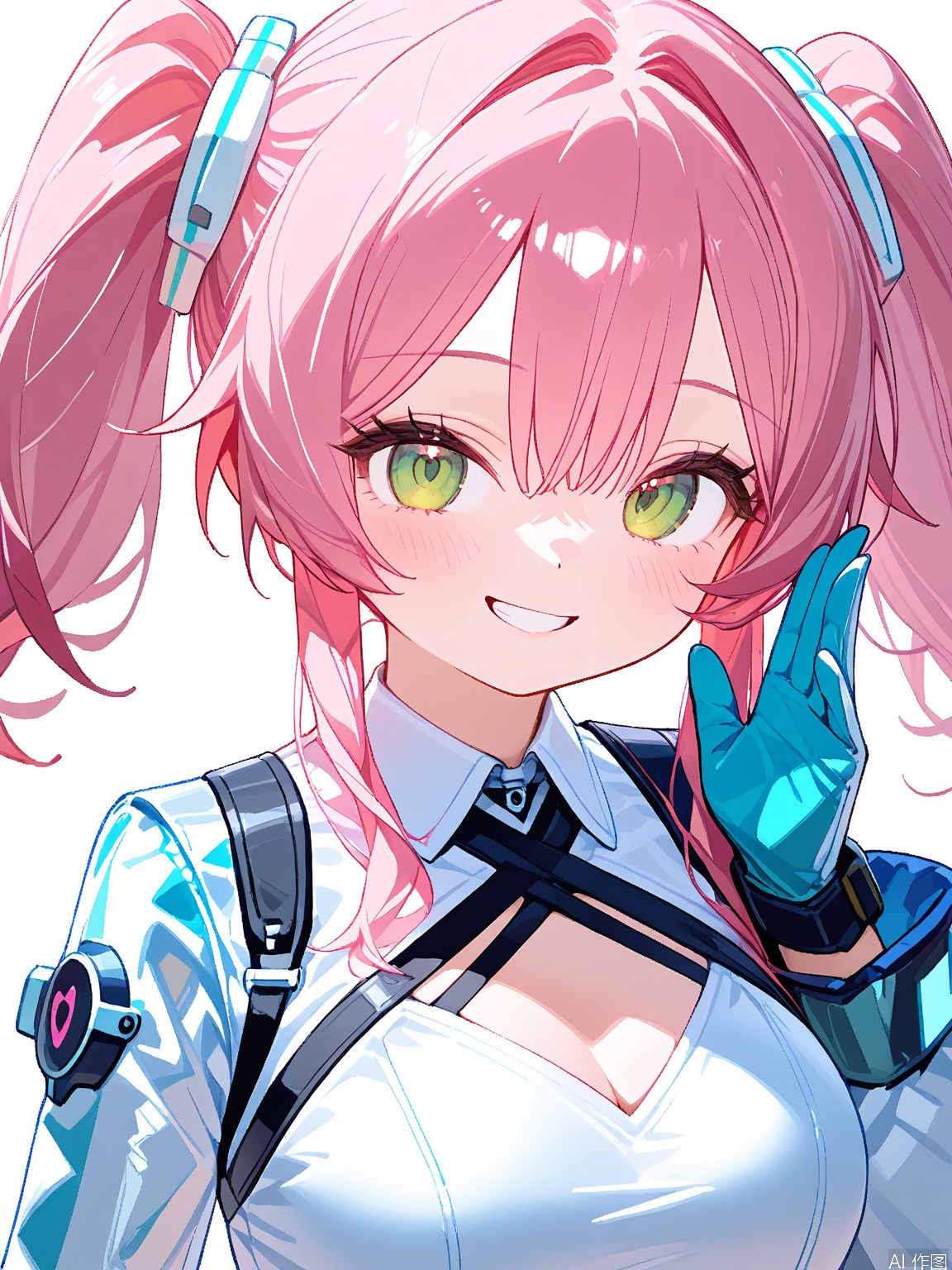 WHT, a curious young girl with short neon-pink hair and green eyes, wore a futuristic metallic suit and gloves. She had a playful grin and held a small device in one hand as she waved with her right hand. The background was pure white.
