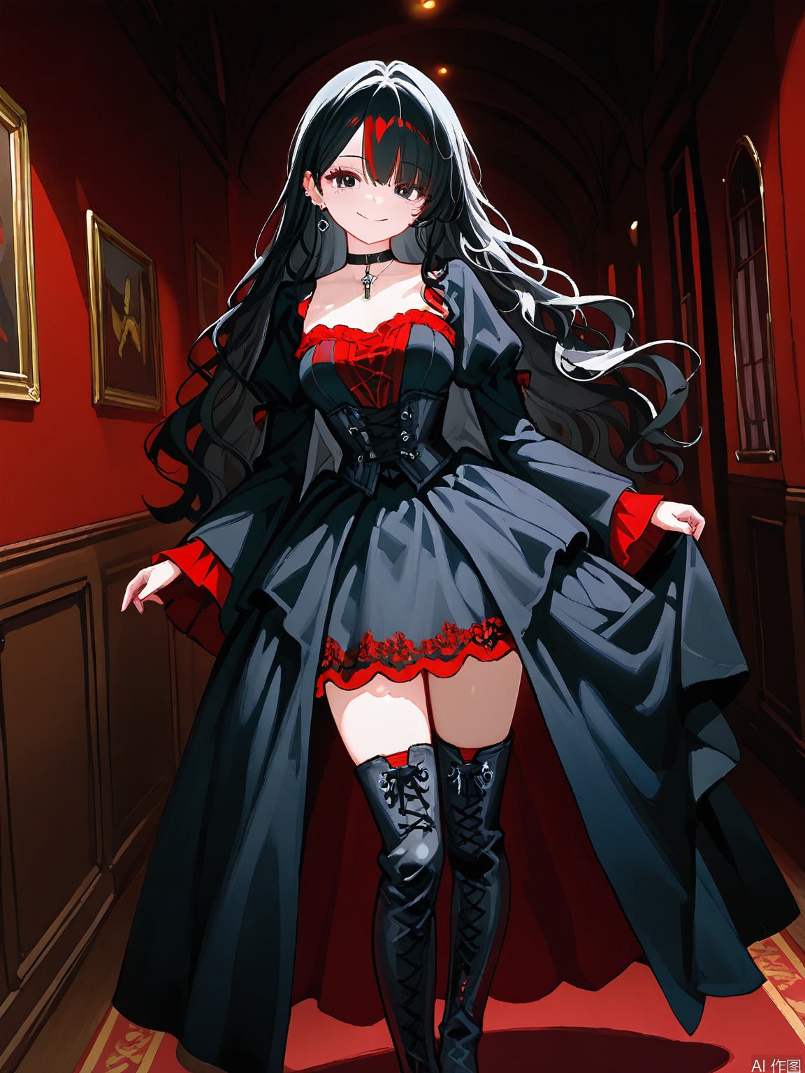 WHT, A gothic girl, she has dark, wavy hair with blue streaks, a black velvet choker with a silver pendant, piercing black eyes, and a mysterious smile. She wears a lace-up corset dress in black and red, paired with thigh-high boots. The background is a dimly lit, ornate hallway.
