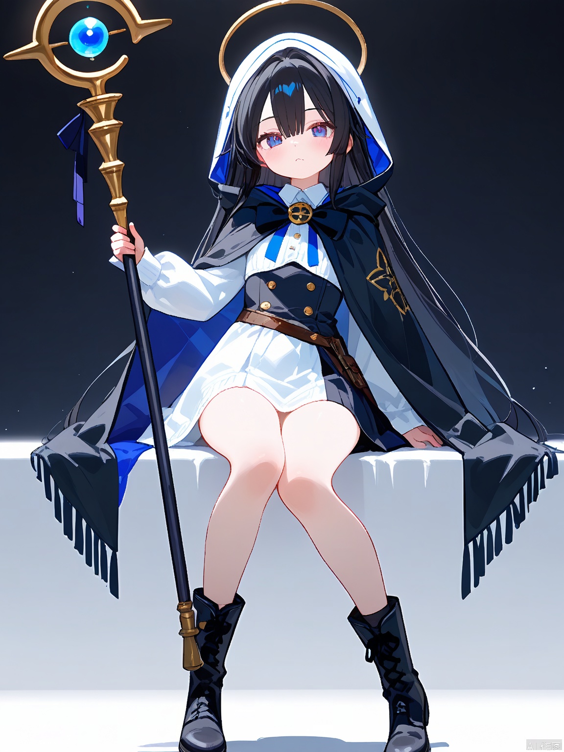 WHT, a mysterious young girl with jet-black hair and violet eyes, wore a black cloak and boots. She had a serious expression on her face and held a staff in one hand as she waved the other. The background was pure white.
