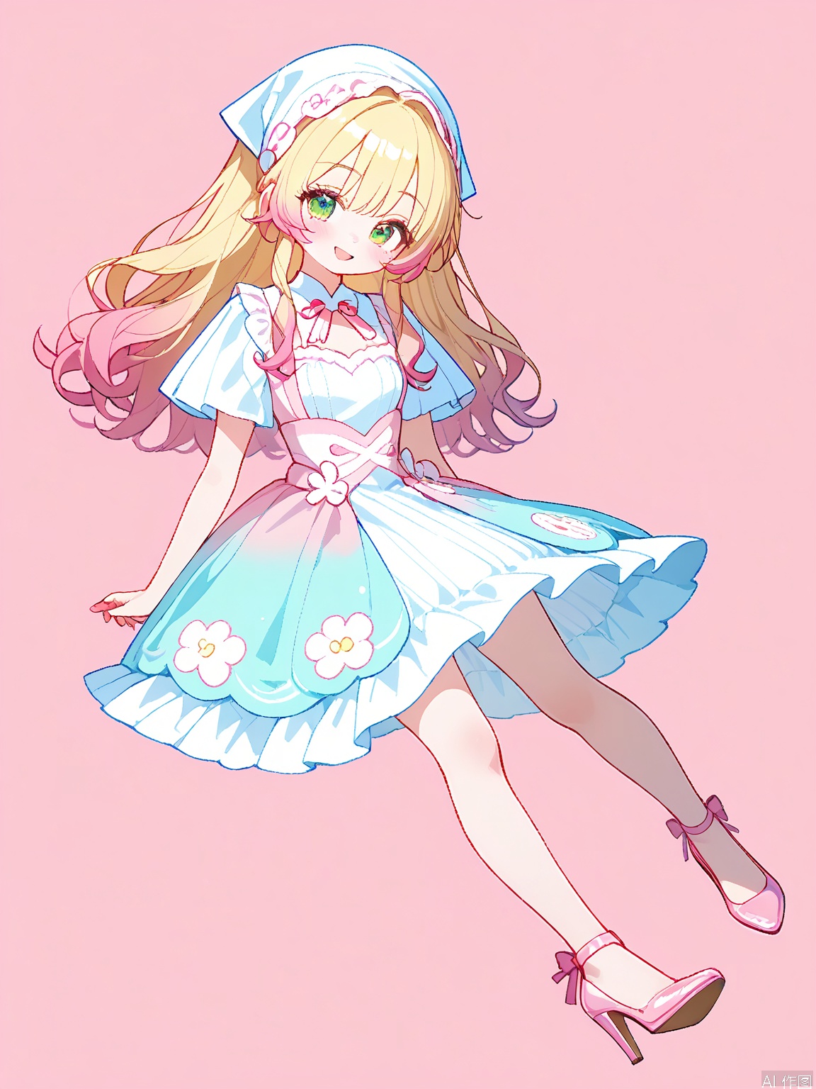 WHT, A fashion designer, she has long, wavy chestnut hair, a chic headscarf in pastel colors, creative hazel eyes, and a determined look. She wears a chic, self-designed dress and stylish heels. The background is a chaotic yet inspiring design studio.
