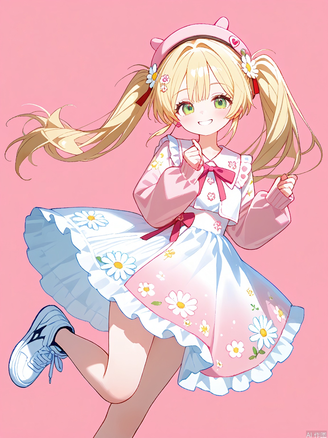 WHT, A teenage girl, she has long wavy blonde hair, a pastel pink beret with white daisies, green eyes, and a playful smile. She wears a floral print dress in shades of lavender and peach, paired with white sneakers. The background is a vibrant field of wildflowers.
