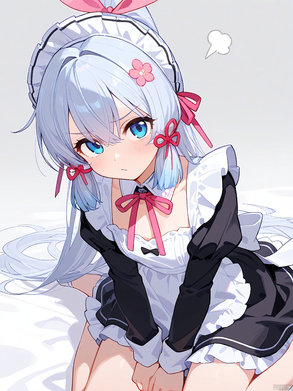 YCY, a young woman with flowing silver hair and a small pink flower on her head. She has large, expressive blue eyes and a delicate pout expression. She wore a black and white maid dress with a pink ribbon and a white ruffled apron. The outfit consisted of a short black dress with puffy sleeves, a white collar and a black necklace with a bow. The background is pure white,
