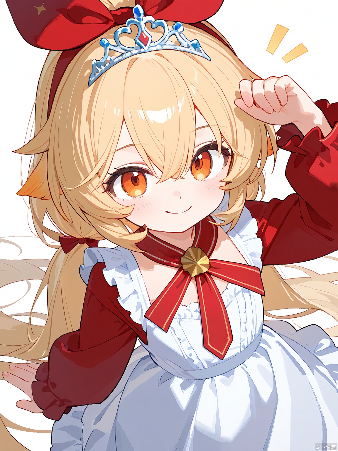 YCY, a little girl with blonde hair in little braids, wears a white and red frilly dress with a large bow on the chest and a matching tiara. She had large, expressive orange eyes and a gentle smile. The background is pure white, emphasizing the characters.
