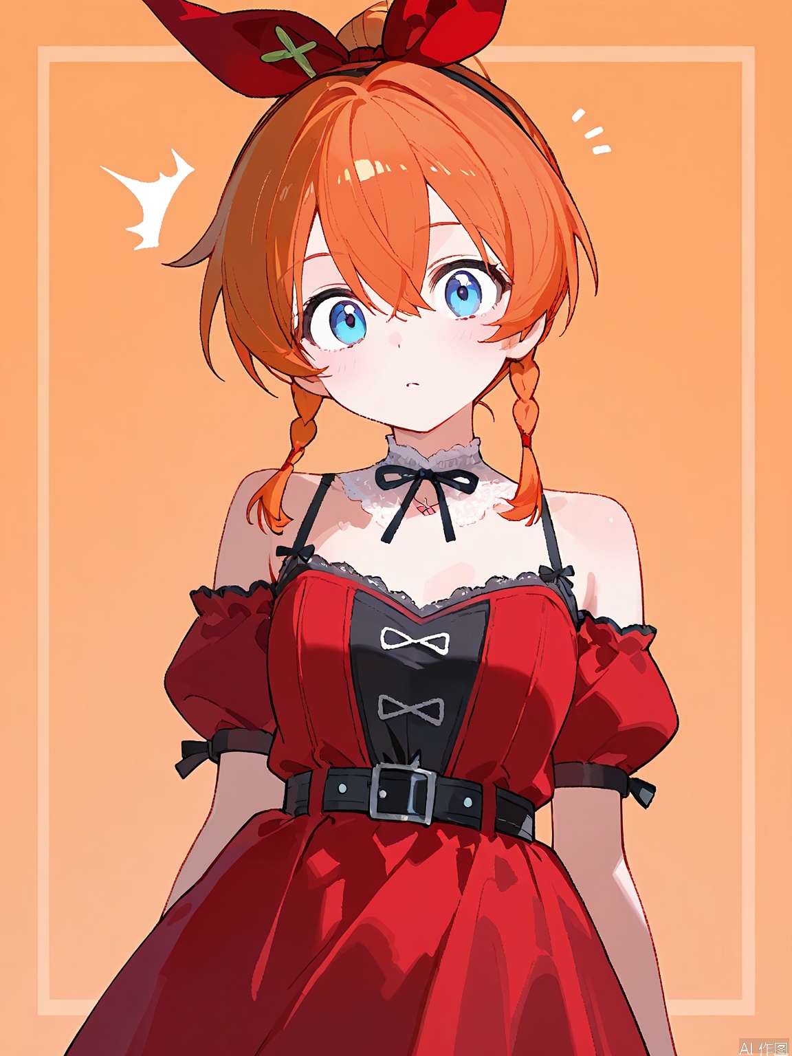 YCY, a cute anime girl, has long, flowing orange hair tied in two small braids with a red ribbon. She had big, bright blue eyes and a little surprised look on her face. She wore a red off-the-shoulder dress with black straps and a white lace collar. The background is pure white.