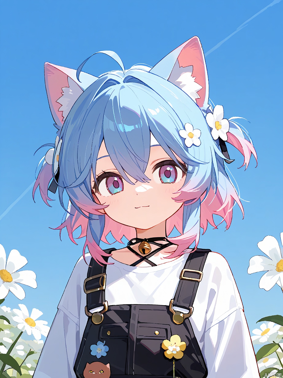 YCY, a little girl with cat ears, wears a white shirt and black overalls, and a black necklace with a gold bell. She had long, wavy pink and blue hair with a small white flower in it. The background is a pale blue sky,
