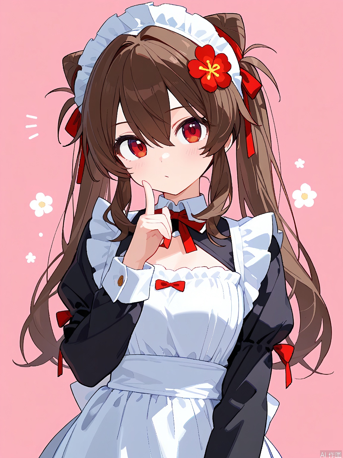 YCY, a cute anime girl with long brown hair and double tails, wears a maid outfit, a white headband, a red floral ornament on the left side of her head, and a red ribbon on her chest. She had large, expressive red eyes that looked slightly to the side with a thoughtful expression. She stroked her chin with her right hand. The background is pure white.