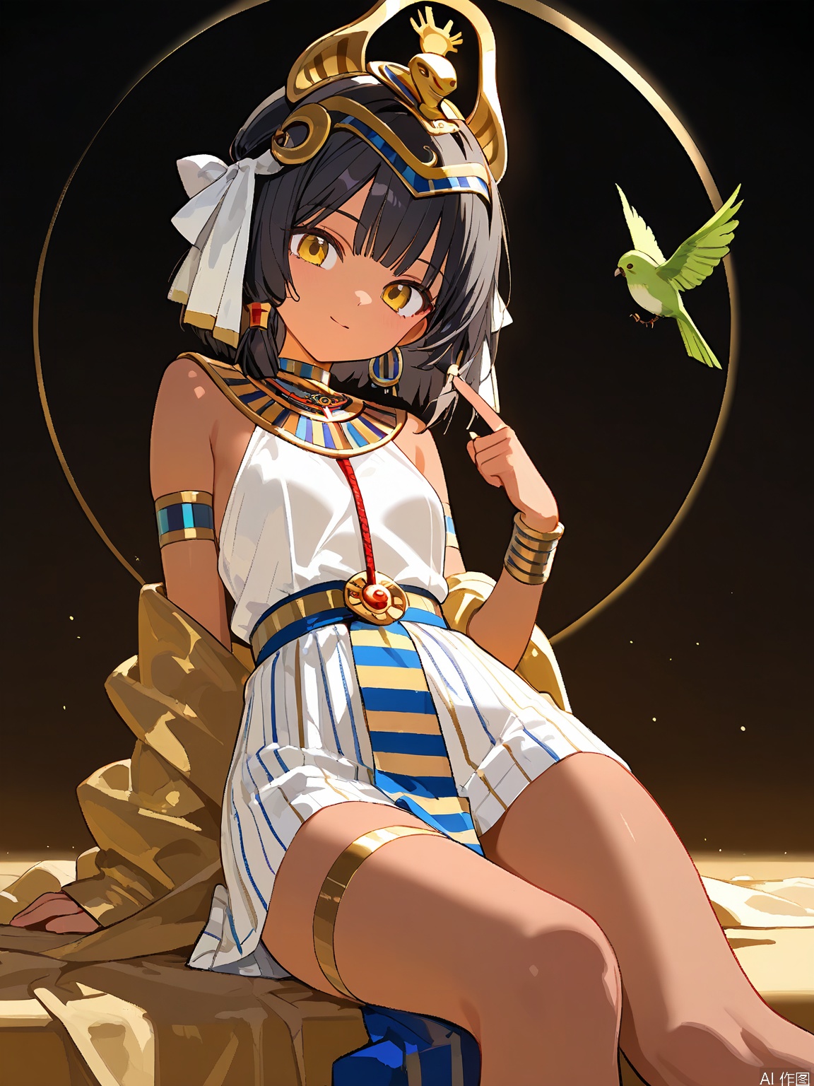YCY, a young woman with long flowing black hair, a loose style and wavy fashion. She was dressed in an elaborate ancient Egyptian-style costume, with a crescent-like headdress with gold and blue stripes, and a matching collar. Her outfit consisted of a gold and blue striped shawl draped over her shoulders, and a blue and gold striped skirt. In her right hand she held a green bird, which was perched on her index finger. The background is a soft yellow gradient circle,
