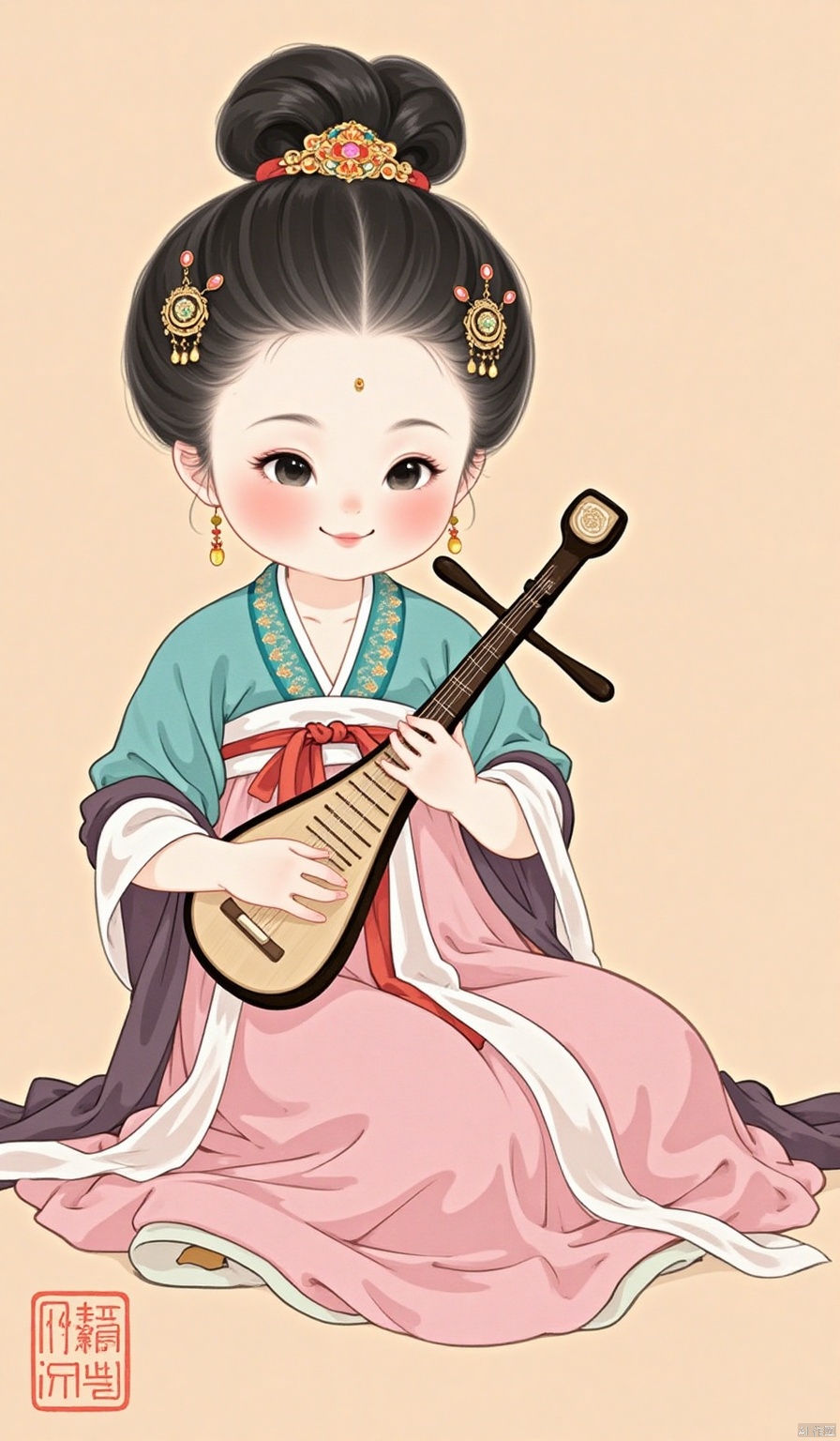 ,1girl,solo,looking at viewer,blush,simple background,black hair,hair ornament,holding,jewelry,sitting,full body,earrings,black eyes,chinese clothes,instrument,brown background,shawl,music,playing instrument,holding instrument,updo,hanfu