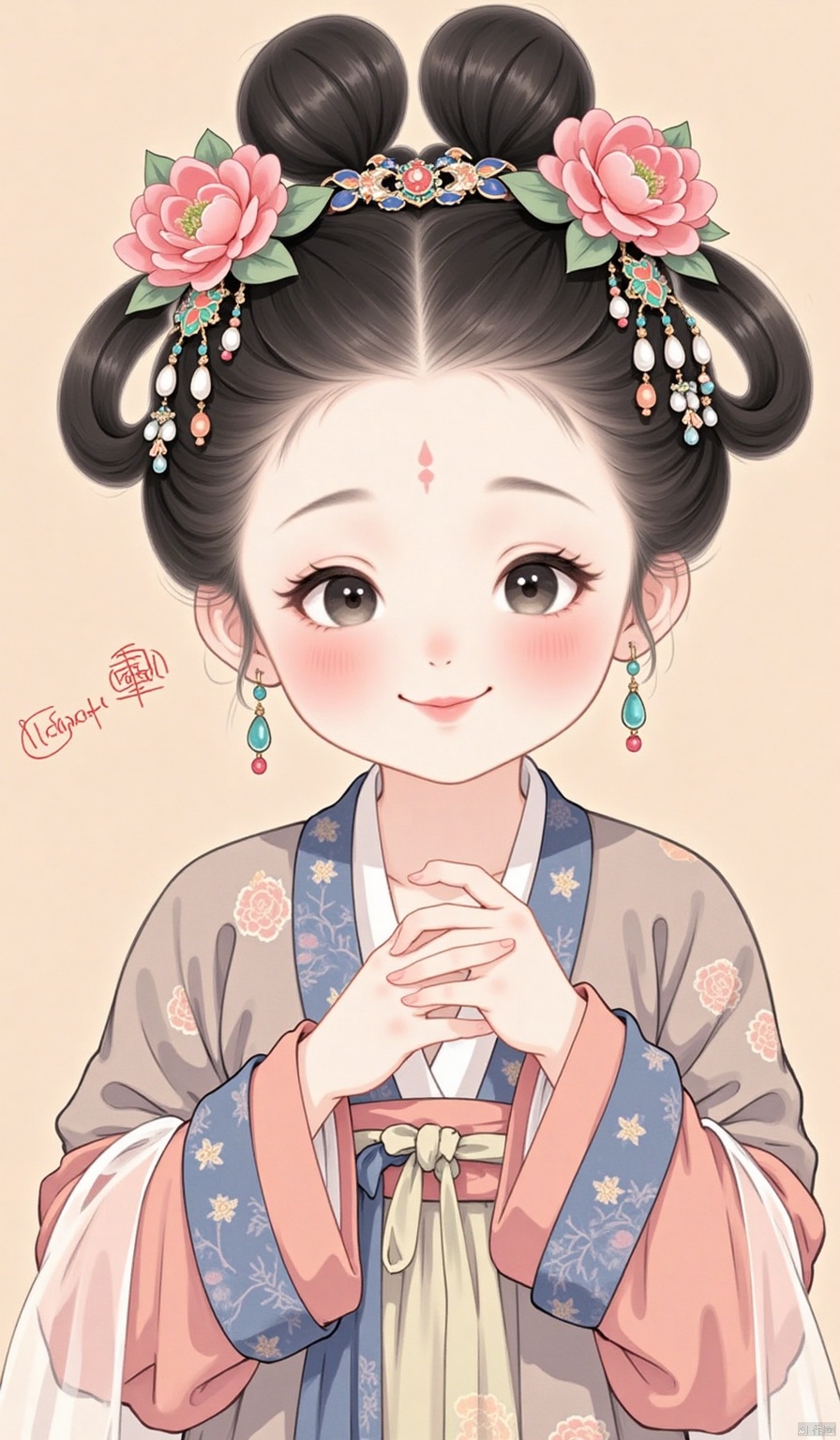 1girl,solo,looking at viewer,smile,simple background,black hair,hair ornament,long sleeves,jewelry,closed mouth,upper body,flower,earrings,signature,hair flower,black eyes,lips,sash,facial mark,chinese clothes,own hands together,hair rings,brown background,forehead mark,realistic,layered sleeves,updo,hanfu,