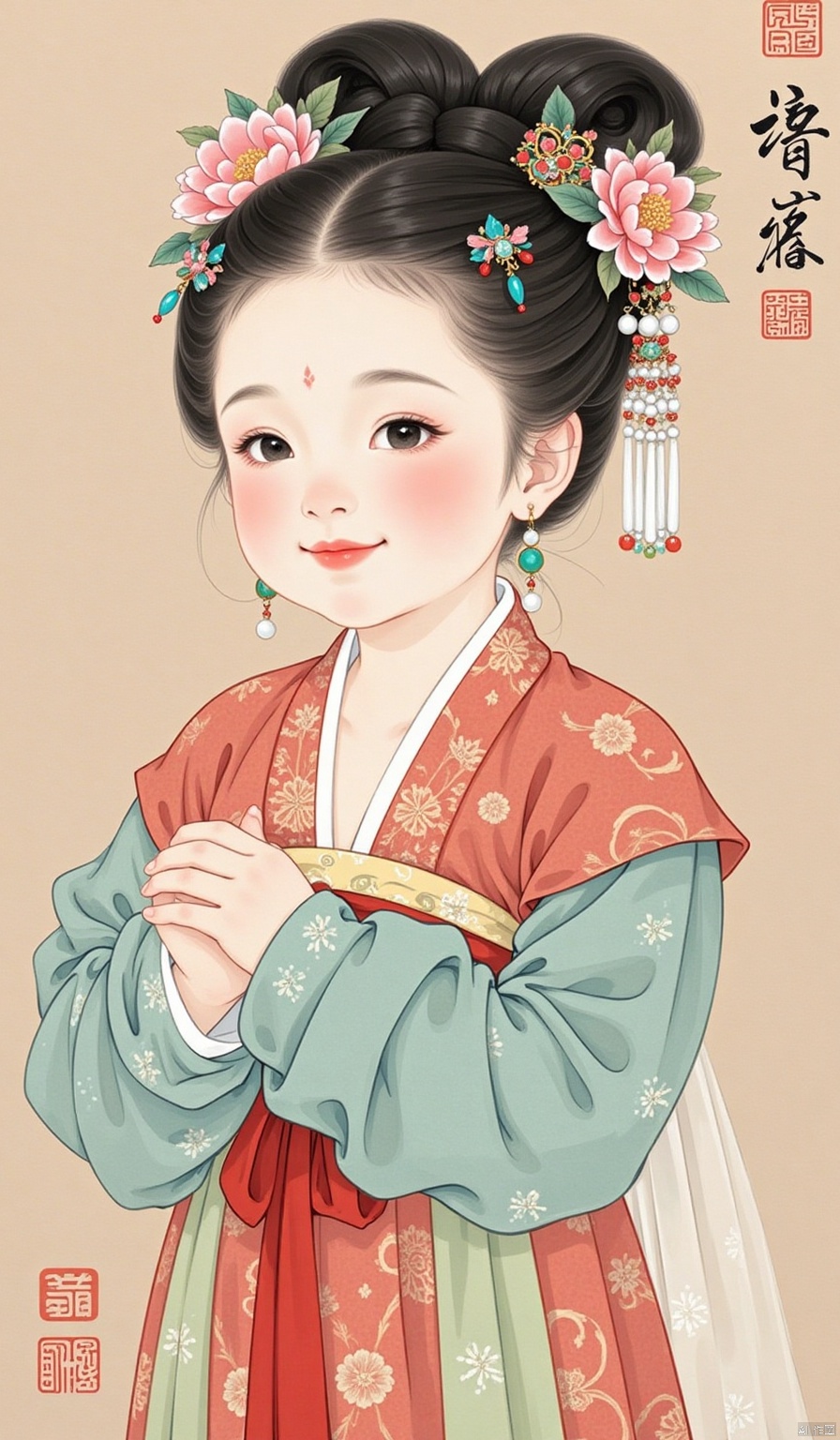 meticulous painting,1girl,solo,looking at viewer,smile,simple background,black hair,hair ornament,long sleeves,jewelry,closed mouth,upper body,flower,earrings,signature,hair flower,black eyes,lips,sash,facial mark,chinese clothes,own hands together,hair rings,brown background,forehead mark,realistic,layered sleeves,updo,hanfu,