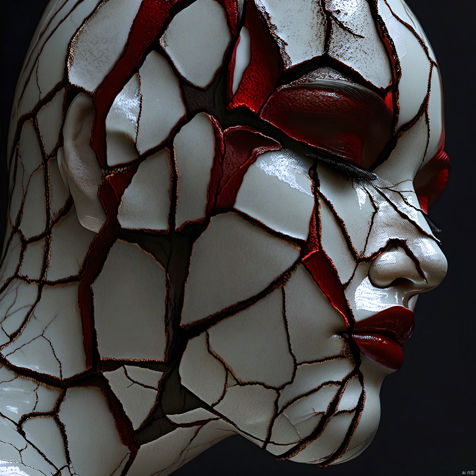 poshuimeiren,solo, simple background, from side, profile, black background, close-up, realistic, red lips, 