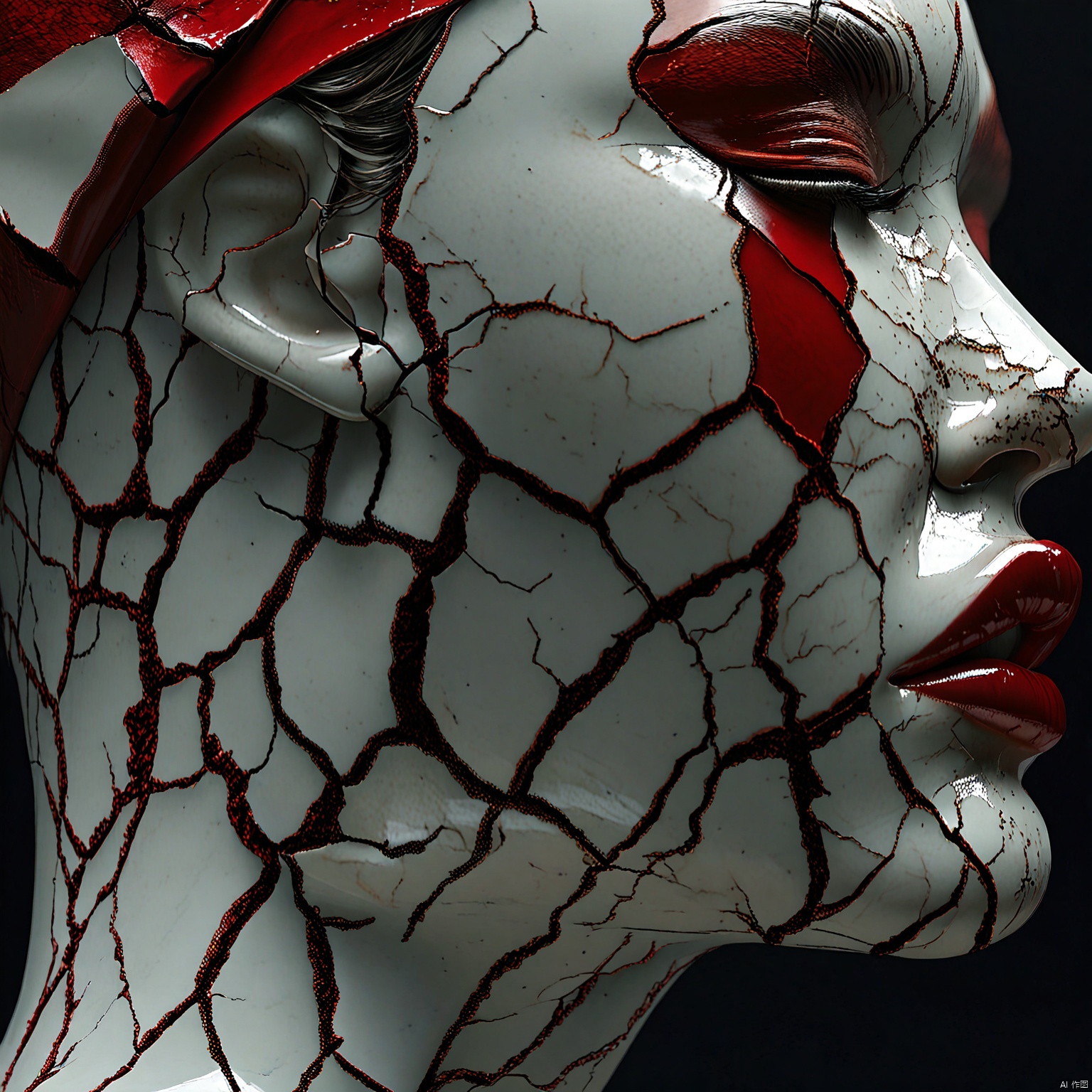 poshuimeiren,solo, simple background, from side, profile, black background, close-up, realistic, red lips, 