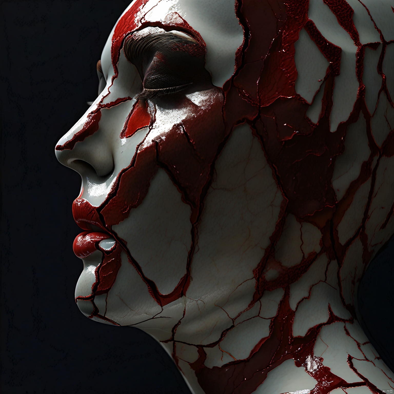 poshuimeiren,solo, simple background, from side, profile, black background, close-up, realistic, red lips, 