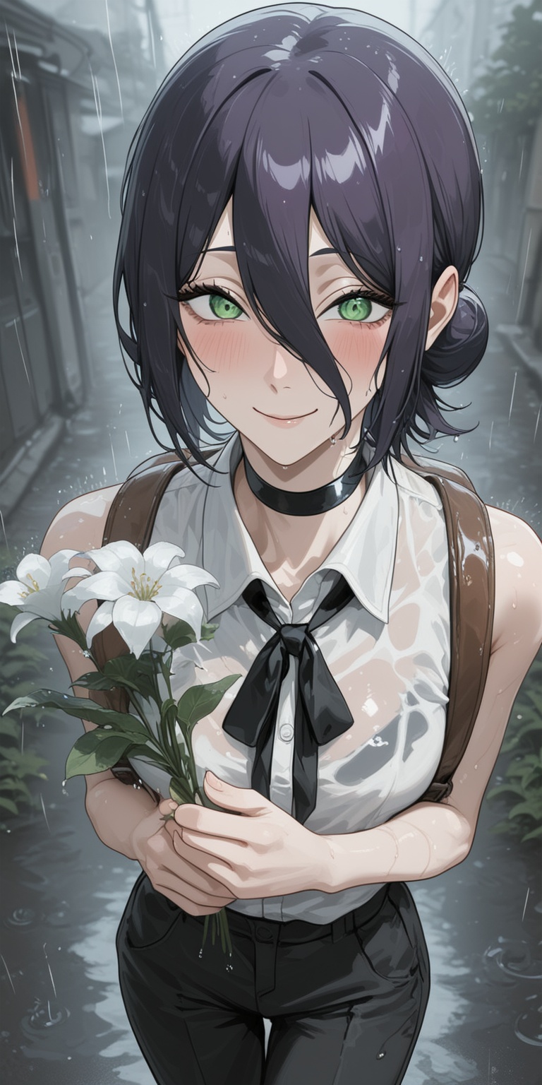 closed mouth,  hair bun,  rain on Tensor.Art