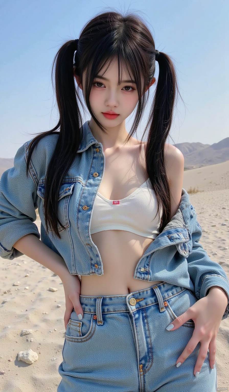 1girl, solo, long hair, black hair, navel,underwear,panties,twintails,unzipped, open fly,midriff, pants, nail polish, lips, denim, jeans, sand,shirt