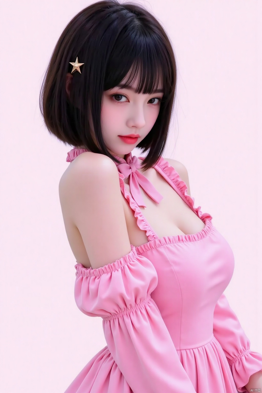 1girl, solo, breasts, looking at viewer, short hair, bangs, large breasts, black hair, long sleeves, dress, upper body, frills, puffy sleeves, blunt bangs, star \(symbol\), black eyes, from side, lips, looking to the side, ascot, bob cut, juliet sleeves, pink dress, pink lips, realistic, nose, pink themem,cleavage