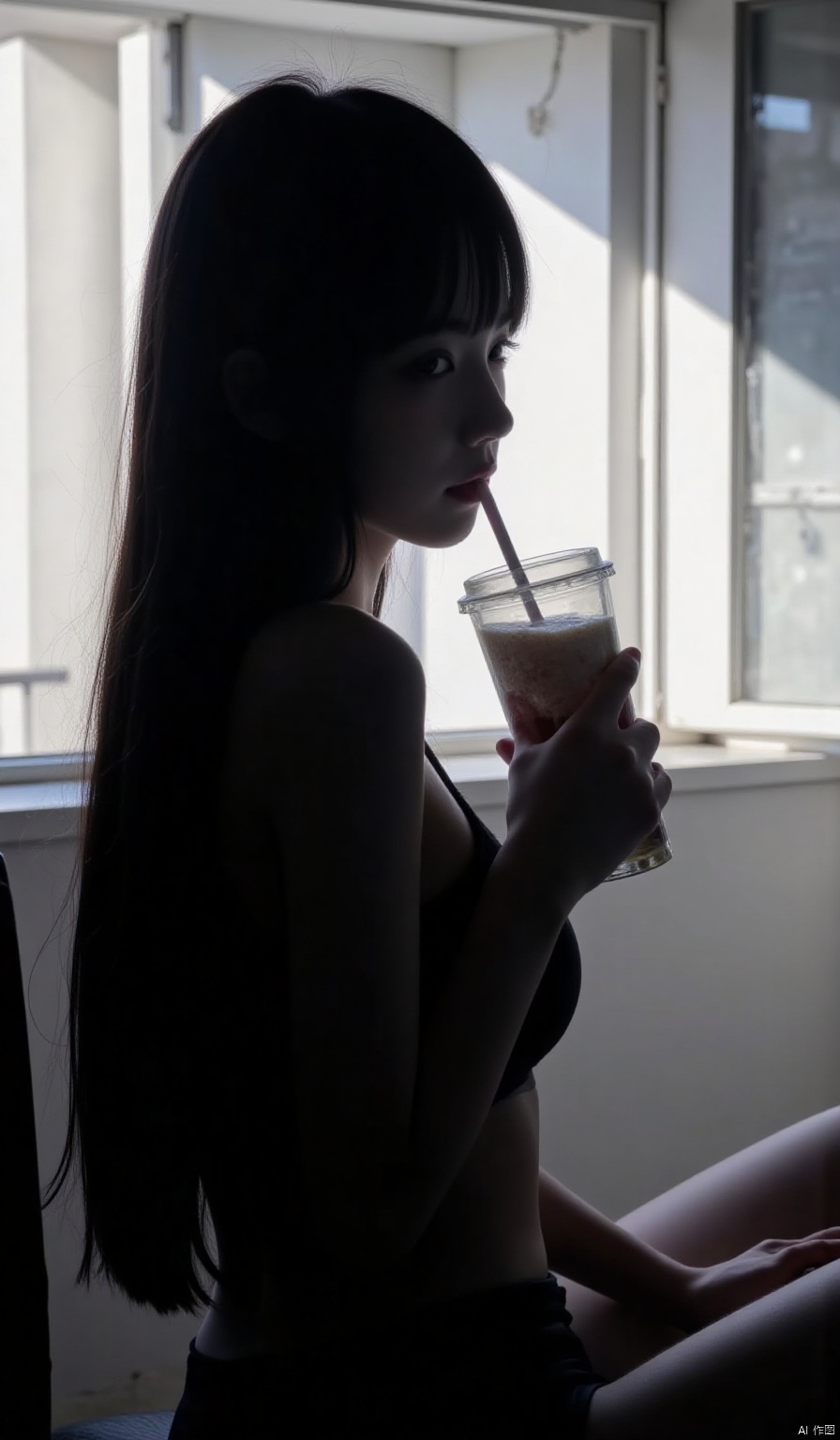 1girl, solo, long hair, looking at viewer, bangs, black hair, holding, sitting, shorts, day, indoors, blunt bangs, black eyes, cup, lips, window, topless, sunlight, backlighting, drinking straw, realistic, nose, drink, drinking, hair over breasts,from_side,silhouette,