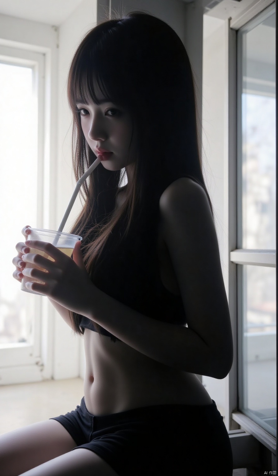 1girl, solo, long hair, looking at viewer, bangs, black hair, holding, sitting, shorts, day, indoors, blunt bangs, black eyes, cup, lips, window, topless, sunlight, backlighting, drinking straw, realistic, nose, drink, drinking, hair over breasts,from_side,silhouette,