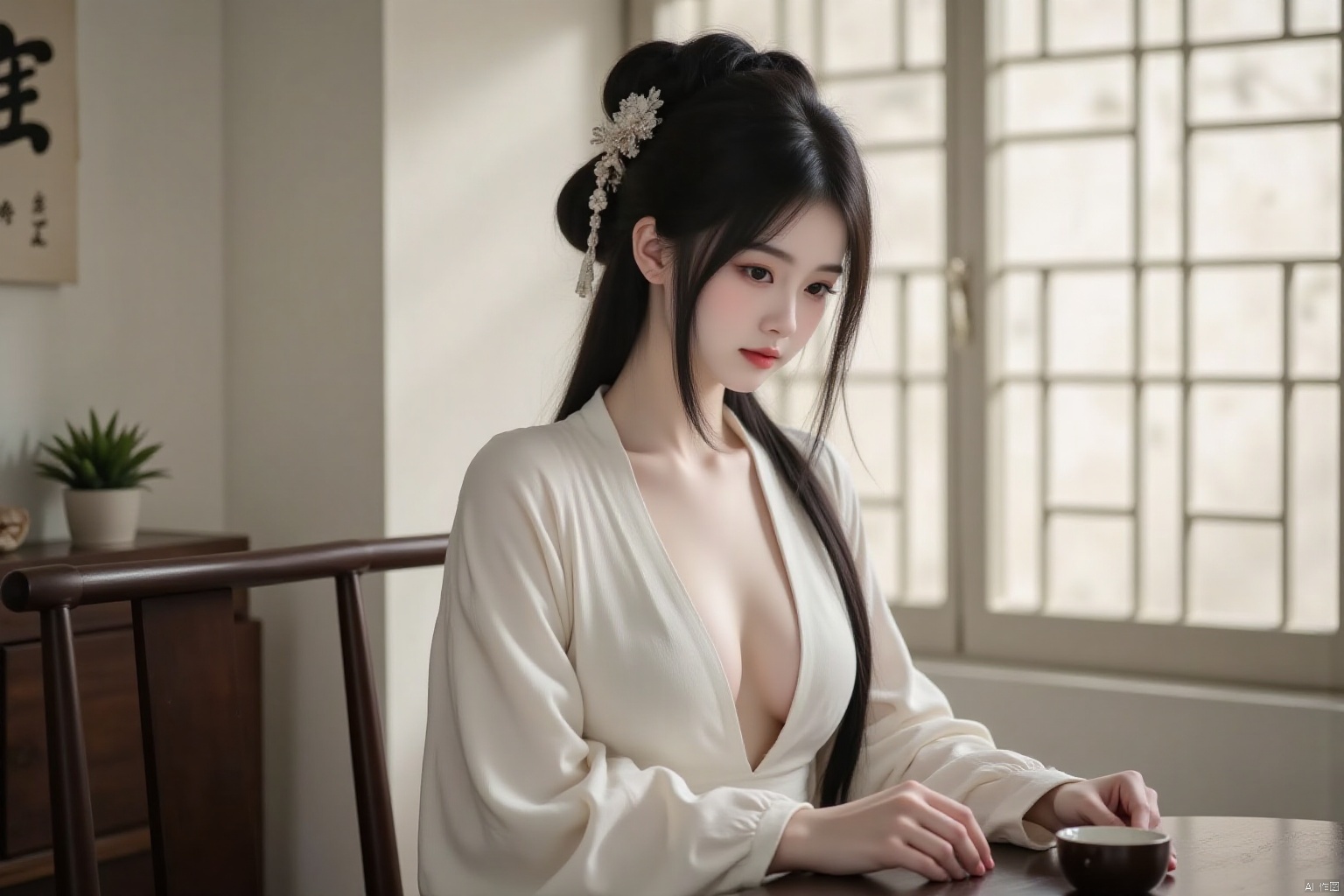 1girl, solo, long hair, black hair, hair ornament, long sleeves, upper body, day, indoors, wide sleeves, blurry, black eyes, lips, chinese clothes, realistic,breasts,cleavage,big breasts. sitting, tea table, tea cup, Chinese character wall, wide window.