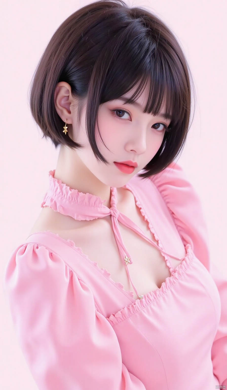 1girl, solo, breasts, looking at viewer, short hair, bangs, large breasts, black hair, long sleeves, dress, upper body, frills, puffy sleeves, blunt bangs, star \(symbol\), black eyes, from side, lips, looking to the side, ascot, bob cut, juliet sleeves, pink dress, pink lips, realistic, nose, pink themem,cleavage