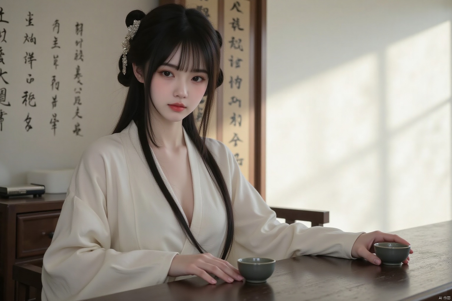 1girl, solo, long hair, black hair, hair ornament, long sleeves, upper body, day, indoors, wide sleeves, blurry, black eyes, lips, chinese clothes, realistic,breasts,cleavage,big breasts. sitting, tea table, tea cup, Chinese character wall, wide window.
