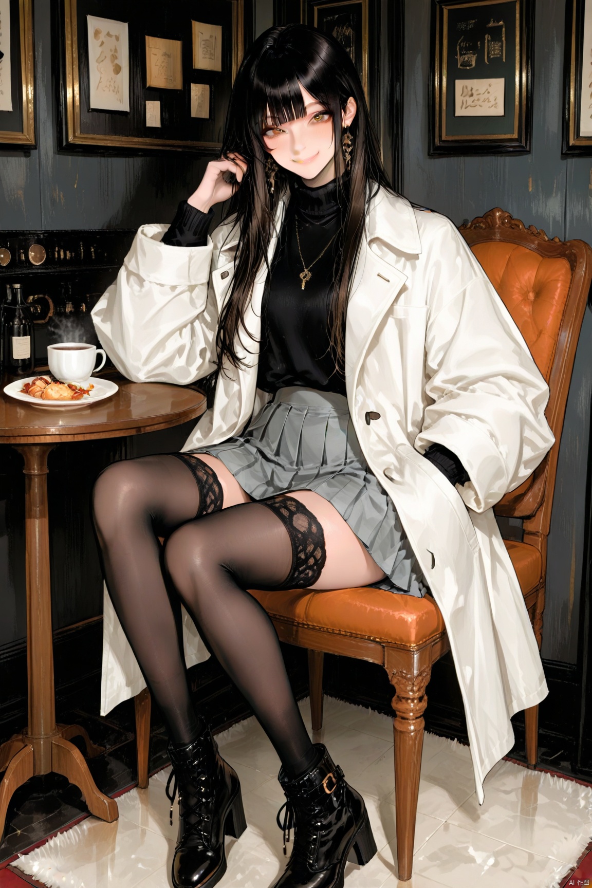1girl, solo, long hair, looking at viewer, smile, bangs, skirt, black hair, thighhighs, long sleeves, brown eyes, jewelry, sitting, closed mouth, full body, pleated skirt, earrings, boots, food, black thighhighs, indoors, necklace, black footwear, high heels, sweater, cup, coat, turtleneck, chair, table, plate, grey skirt, high heel boots, hand in pocket, white coat, ankle boots, lace-trimmed legwear