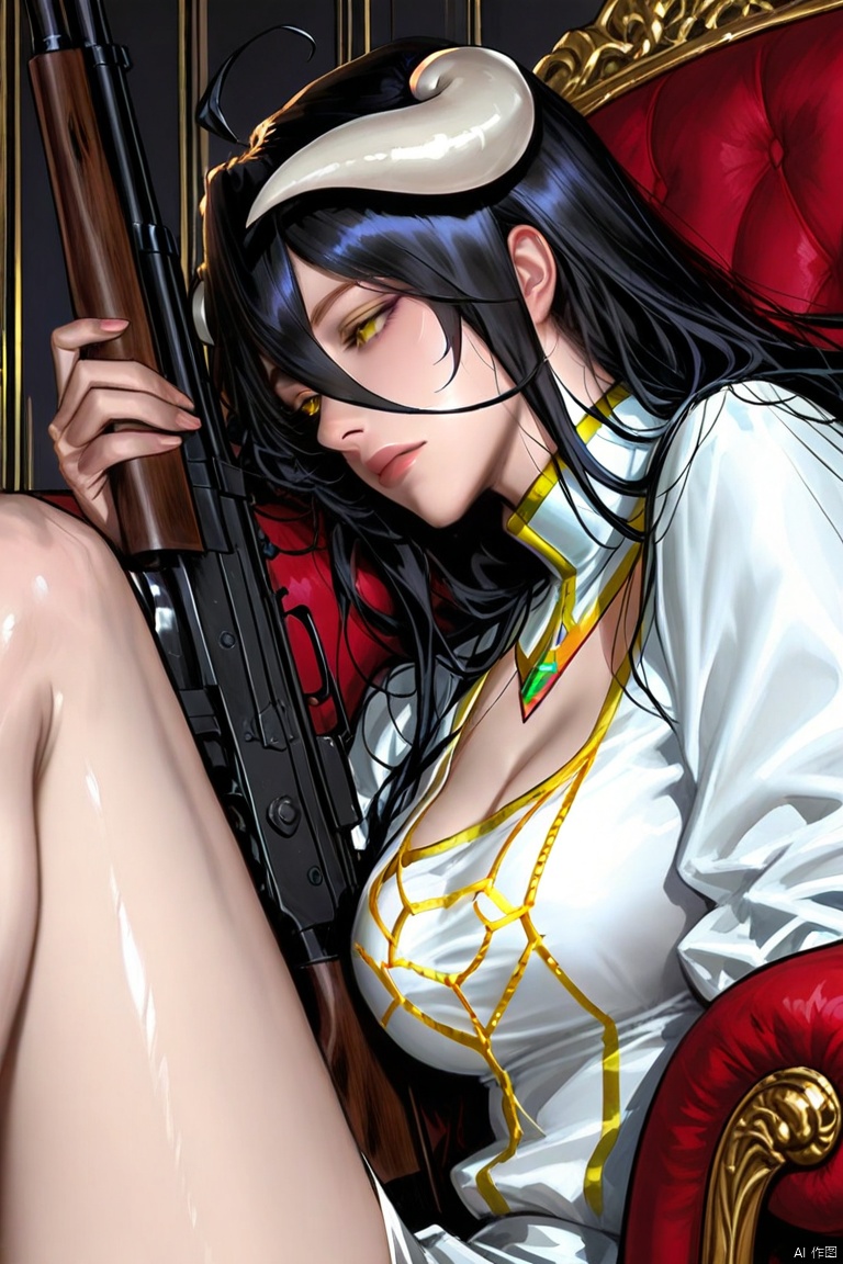1girl, solo, long hair, breasts, bangs, large breasts, black hair, long sleeves, dress, holding, hair between eyes, jewelry, sitting, closed mouth, yellow eyes, weapon, horns, shiny, indoors, holding weapon, white dress, from side, lips, fingernails, gun, eyelashes, chair, demon girl, slit pupils, demon horns, gem, holding gun, rifle, knee up, nose, armchair, white horns, albedo \(overlord\),[keyword1 : Perfect face, complete features],score_9,score_8_up,score_7,kidmo,[artist: wlop],pastel colors,Realistic face,realistic skin,close-up,portrait,(Focus on the face:1.3),by araki hirohiko,jojo posture,by araki hirohiko,Role: Weather forecast
