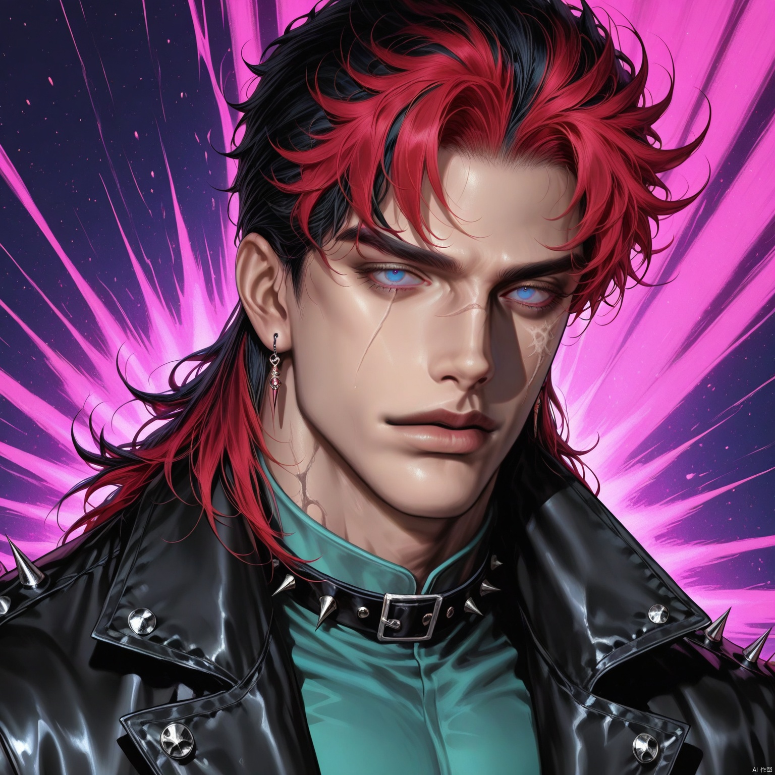 solo, long hair, looking at viewer, blue eyes, shirt, black hair, 1boy, jewelry, standing, jacket, male focus, red hair, multicolored hair, earrings, boots, pants, two-tone hair, black jacket, from above, scar, scar on face, spikes, hands in pockets, leather, leather jacket,,[keyword1 : Perfect face, complete features],score_9,score_8_up,score_7,kidmo,[artist: wlop],pastel colors,Realistic face,realistic skin,close-up,portrait,(Focus on the face:1.3),by araki hirohiko,jojo posture,by araki hirohiko,Role: Weather forecast

