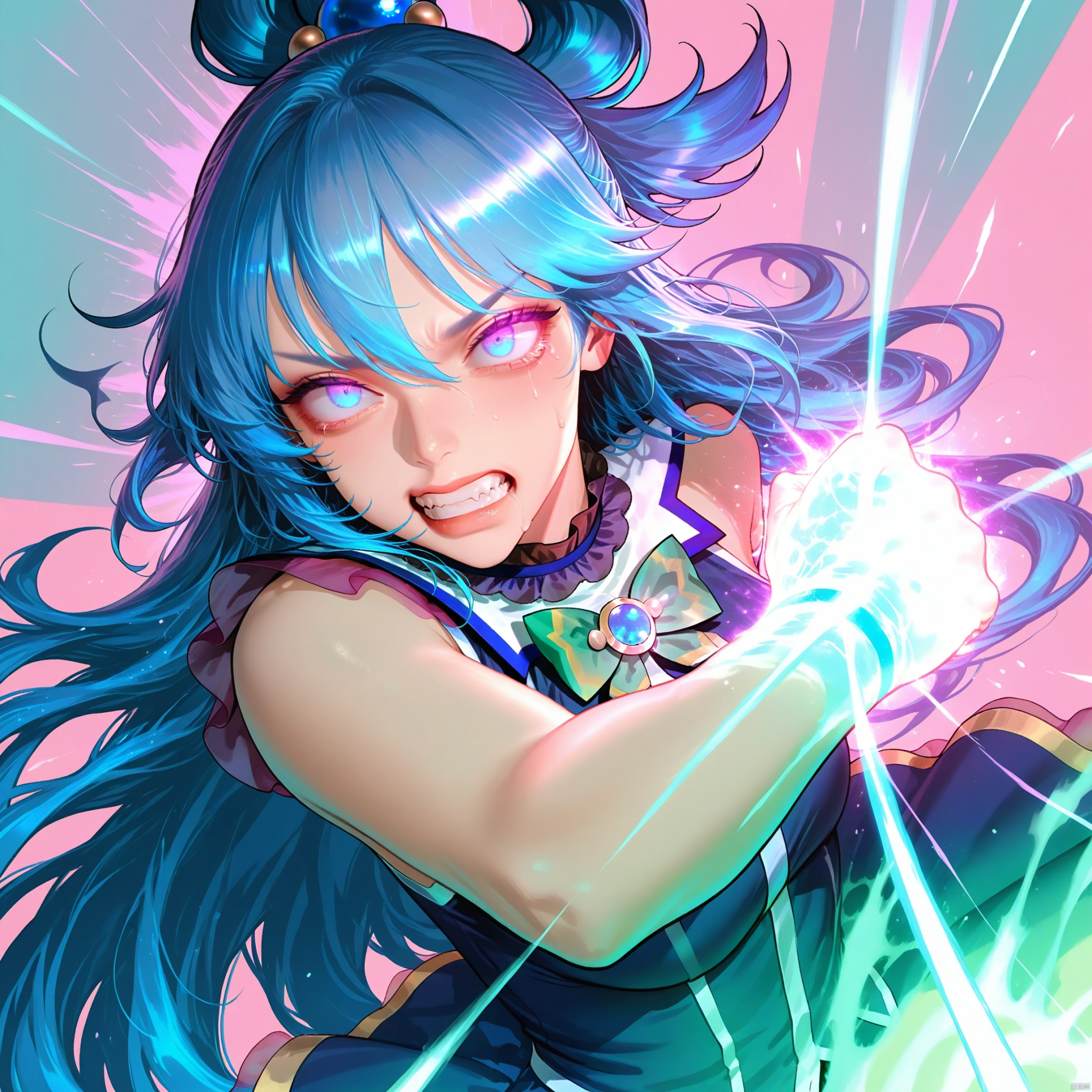 
aqua_(konosuba), highres, 1girl, blue_eyes, blue_hair, bow, clenched_teeth, dress, fighting_stance, glowing, glowing_hand, green_bow, hair_ornament, hair_rings, incoming_attack, incoming_punch, long_hair, looking_at_viewer, punching, single_hair_ring, solo, teeth, particle effect, , epic composition, epic proportion, volumetric lighting, dynamic angle, , masterpiece,best quality,amazing quality,very aesthetic,absurdres,newest,kidmo,As109,magion02,deadflow,bm tol,ask \(askzy\),mamimi \(mamamimi\),pastel colors,Realistic face,realistic skin,close-up,portrait,