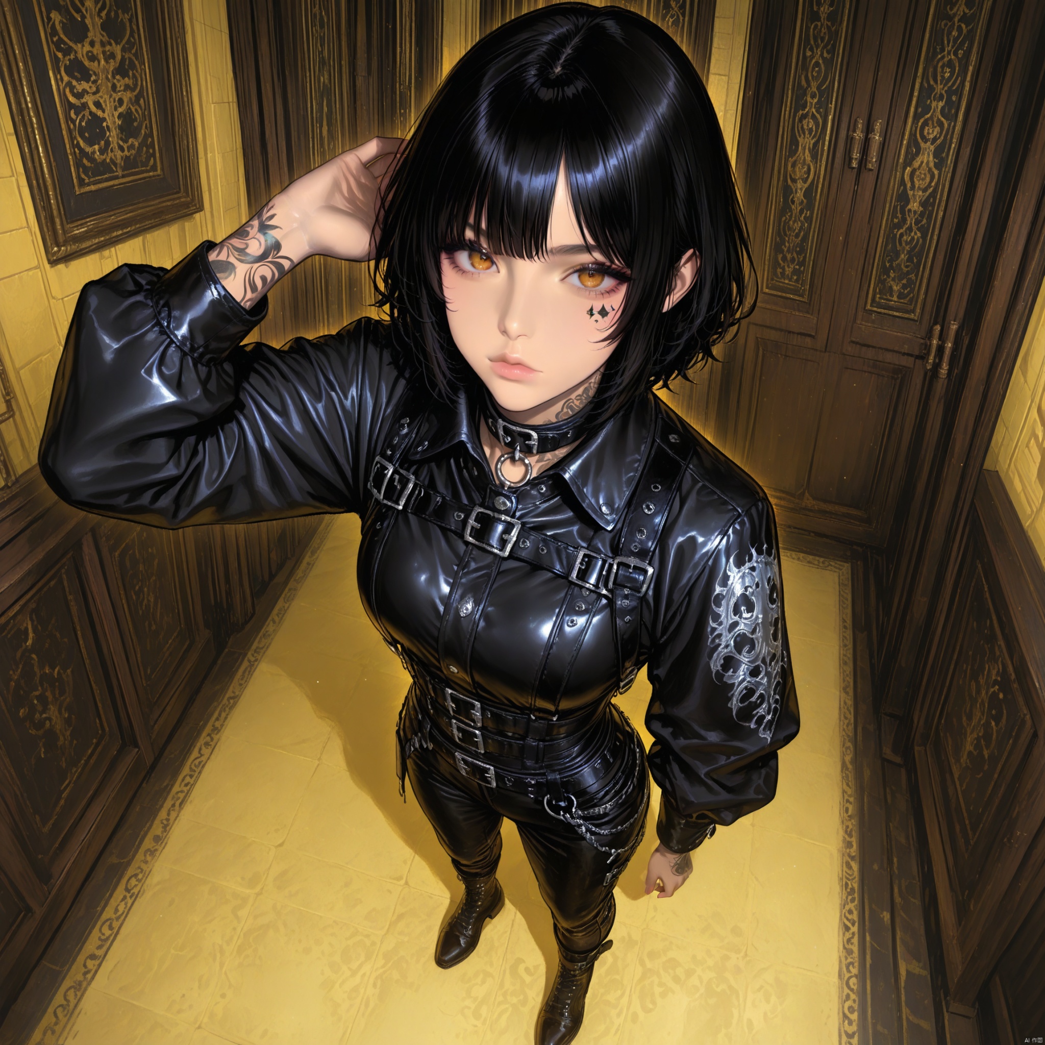 1girl, solo, breasts, looking at viewer, short hair, bangs, black hair, long sleeves, closed mouth, standing, jacket, full body, boots, belt, pants, indoors, black footwear, arm up, collar, lips, tattoo, from above, facial mark, black pants, leather