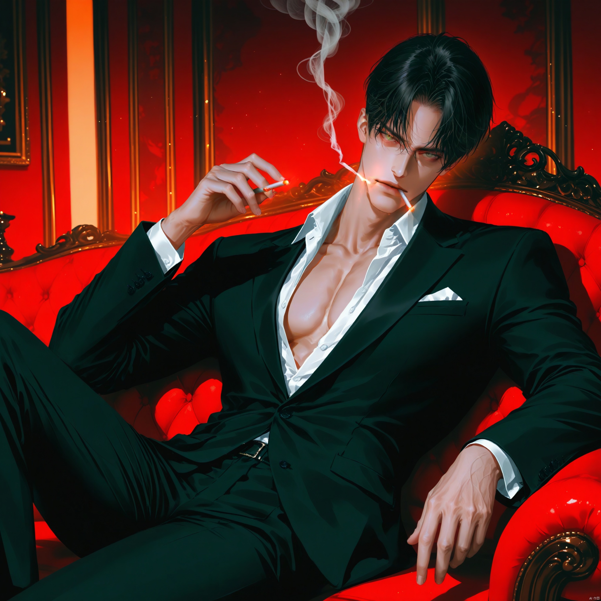 solo, looking at viewer, short hair, bangs, shirt, black hair, long sleeves, 1boy, holding, sitting, jacket, male focus, collared shirt, pants, indoors, black jacket, head tilt, parted bangs, feet out of frame, chair, black pants, formal, suit, pectorals, couch, smoke, cigarette, smoking, unbuttoned, partially unbuttoned, pectoral cleavage, unbuttoned shirt, black suit, holding cigarette, armchair,,cinematic lighting,light particles,lens flare, [artist: wlop],artist:chen_bin,[[artist:ke-ta]], artist: hitenkei,,good work, (best quality), illustration, depth of field, (color),masterpiece,best quality,(artist:mignon:0.8)