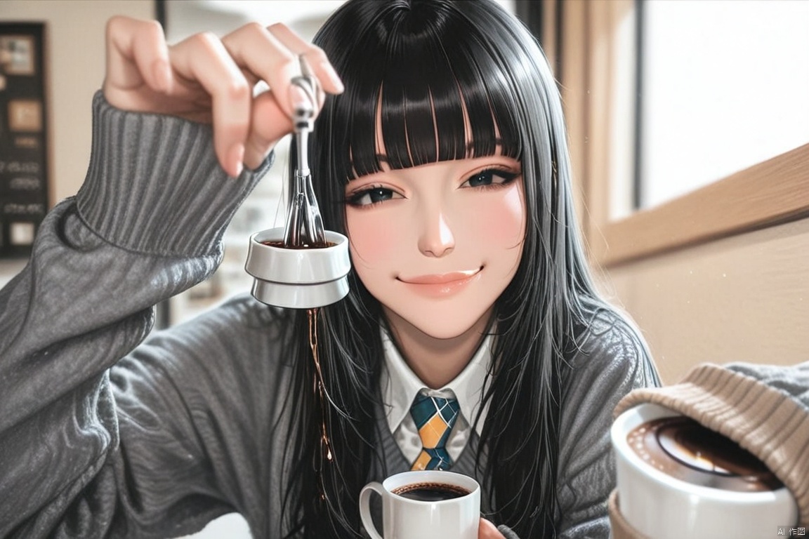 1girl, solo, long hair, looking at viewer, smile, bangs, shirt, black hair, long sleeves, holding, closed mouth, white shirt, upper body, necktie, collared shirt, indoors, blunt bangs, blurry, black eyes, arm up, sweater, cup, lips, window, blurry background, holding cup, mug, coffee, coffee mug, pouring