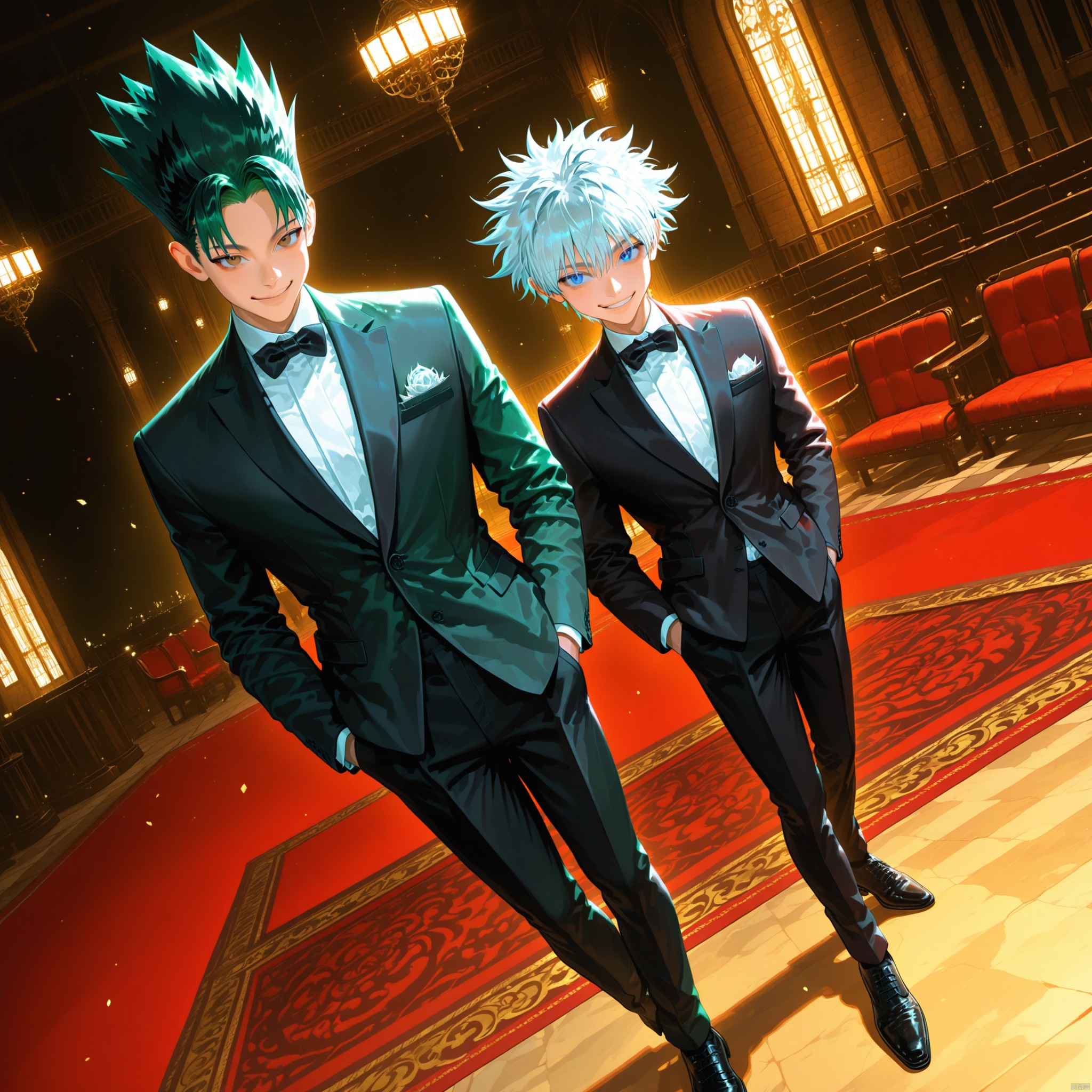 masterpiece, best quality, amazing quality, very aesthetic, high resolution, ultra-detailed, absurdres, newest, scenery, Expressiveh,concept art,dark theme,highly detailed, high quality, dutch angle, 2boys, duo focus, BREAK, gon,black hair,green hair,brown eyes,spiked hair,smile,short hair, suit,red bowtie, BREAK,,killua zoldyck, blue eyes,white hair,short hair,spiked hair,bangs suit,black bowtie, hands in pockets BREAK,red carpet, holywood, spotlights, dutch angle,