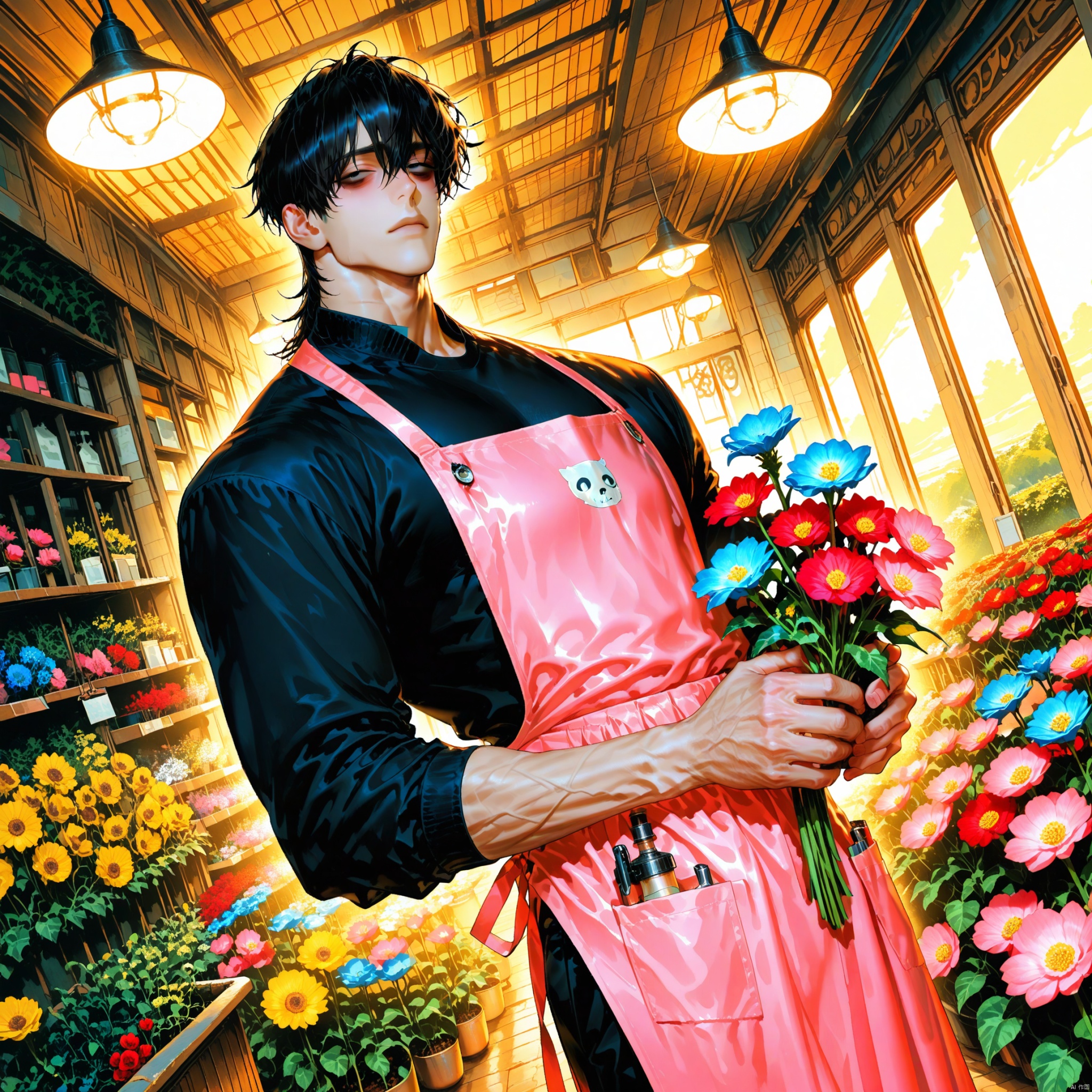 solo guy, one man, manly, masculine, strong jawline, muscular, cool. Totsumoto_Yuushi, black hair, short hair, hair between eyes, black eyes, sanpaku, bags under eyes. black turtleneck, black pants, pink apron. holding a flower bouquet while staring at another flowers around. inside a flower shop, golden hour, sun shining down inside the shop. pink flowers, red flowers, blue flowers. cowboy shot. dynamic angle, dutch angle, wide angle. melancholic vibe. looking at viewer. BREAK, extremely detailed, extremely detailed eyes, detailed skin, detailed hair, delicate hair, masterpiece, best quality, amazing quality, very aesthetic, absurdres, high resolution, ultra-detailed, newest, scenery, volumetric light, score_9, score_8_up, score_7_up. (artist:mazjojo:0.67), (artist:pigeon666:0.83), (artist:zawar379:0.73), (artist:remsrar:0.65)